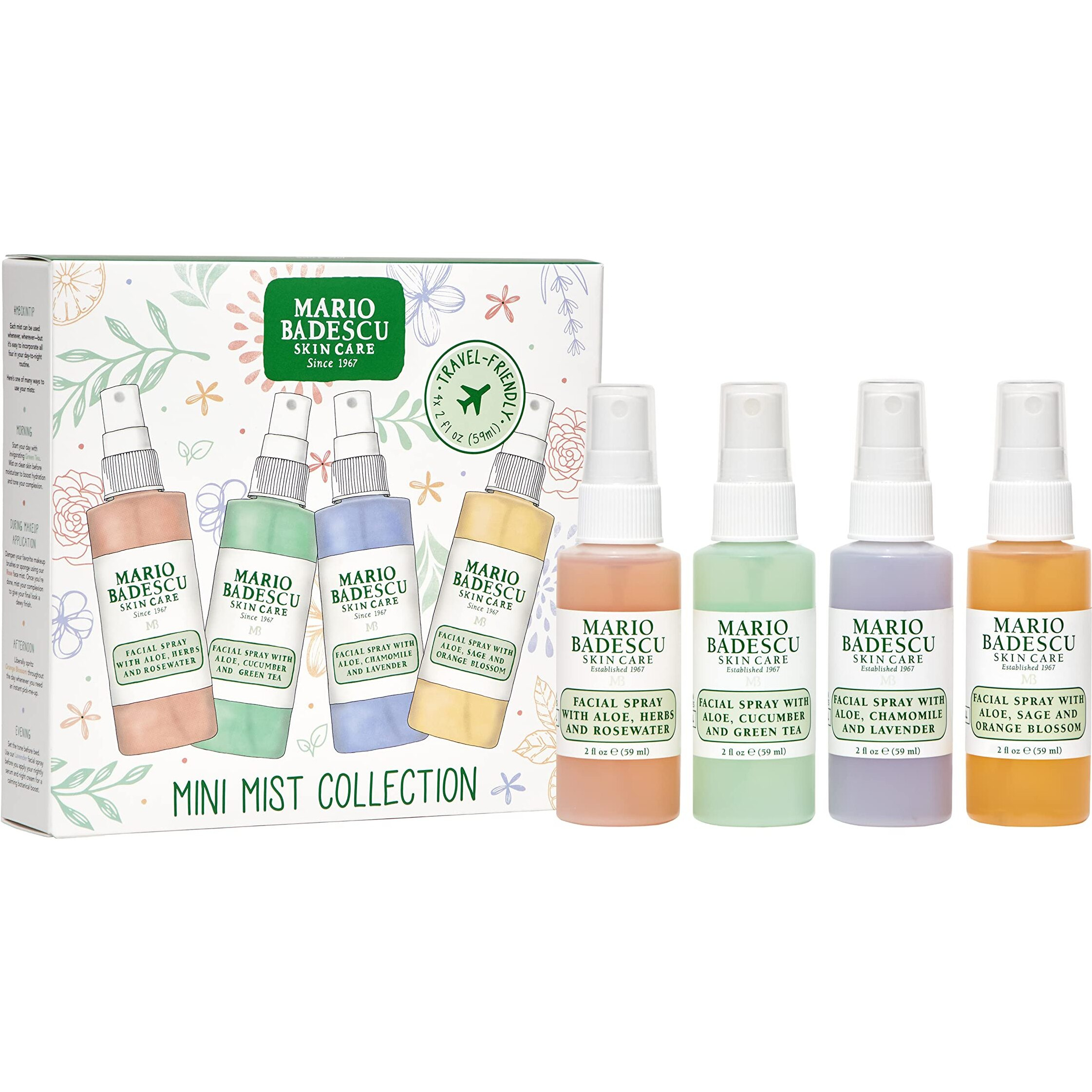Mario Badescu Mini Mist Facial Spray Collection With Rose Water, Cucumber, Lavender And Orange Blossom, Multi-Purpose Cooling And Hydrating Face Mist For All Skin Types, 2 Fl Oz (Pack Of 4)