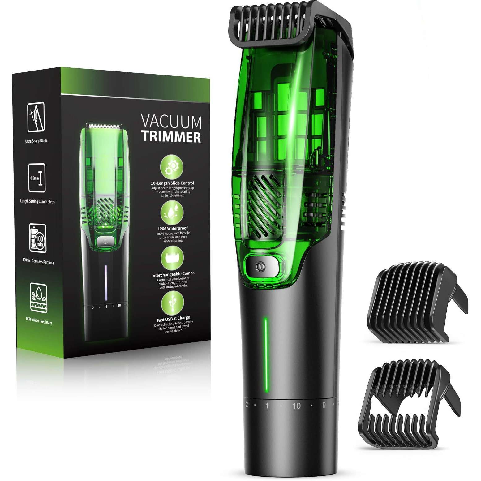 Beard Trimmer For Men All-In-One Vacuum Mustache Trimmer With Precision Dial,Adjustable 20 Length Setting Premium Facial Hair Groomer With Length Comb Usb-C Recharge, Waterproof Wet/Dry Clipper