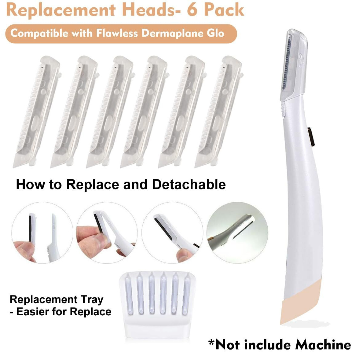 6 Pack Replacement Heads For Finishing Touch Flawless Dermaplane Glo Facial Exfoliation Tool, Replacement Blades For Flawless Dermaplane Razor- Include Replace Tray + Clean Brush