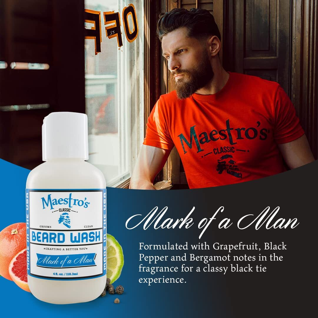 Maestro's Classic Beard Wash | Anti-Itch, Deep Cleaning, Non-Drying, Fully Hydrating Gentle Cleanser For All Beard Types & Lengths- Mark Of A Man Blend, 4 Ounce