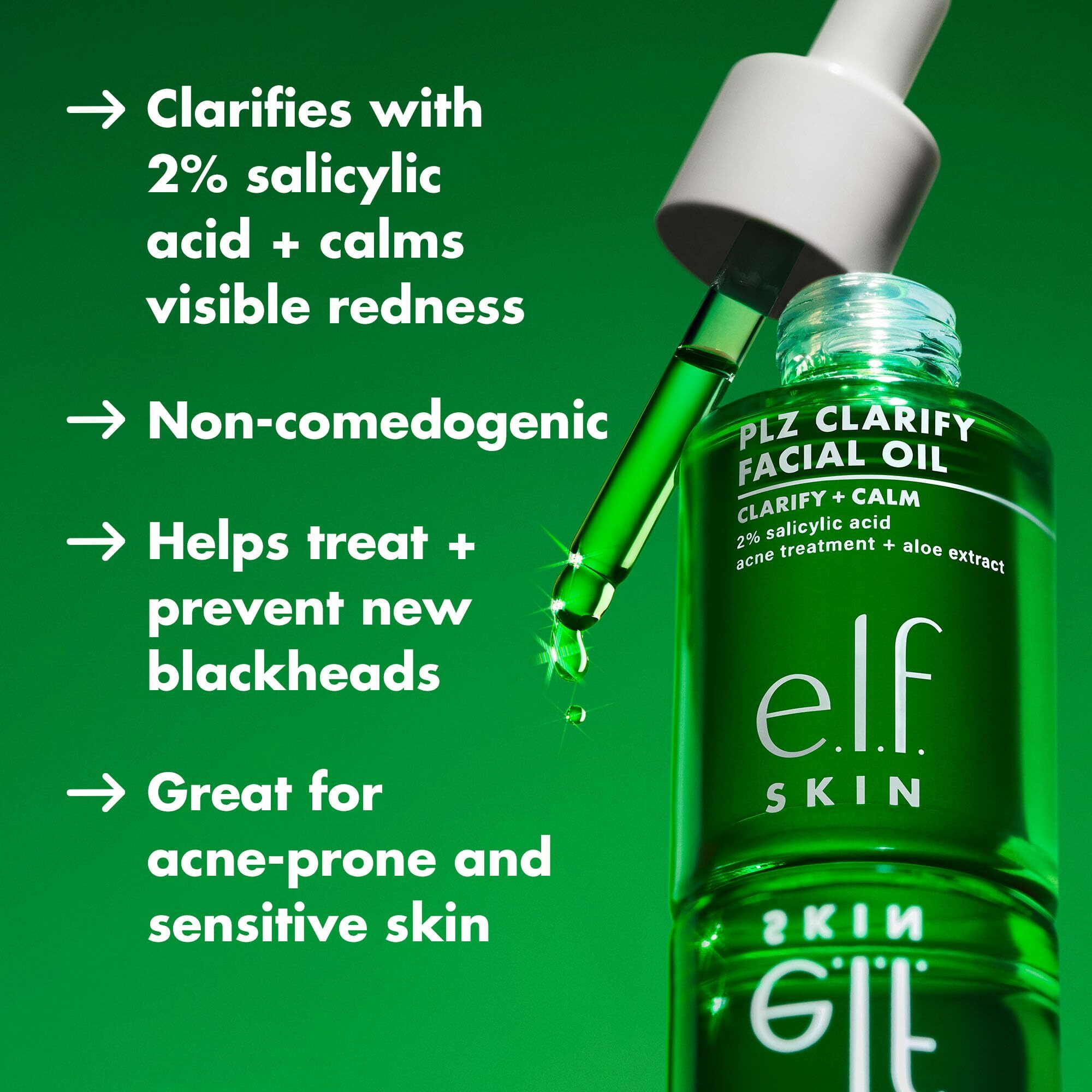 E.L.F. Skin Plz Clarify Facial Oil, Face Oil For Treating & Preventing Acne, Helps Calm Redness, Made With Salicylic Acid, Vegan & Cruelty-Free, 1 Oz