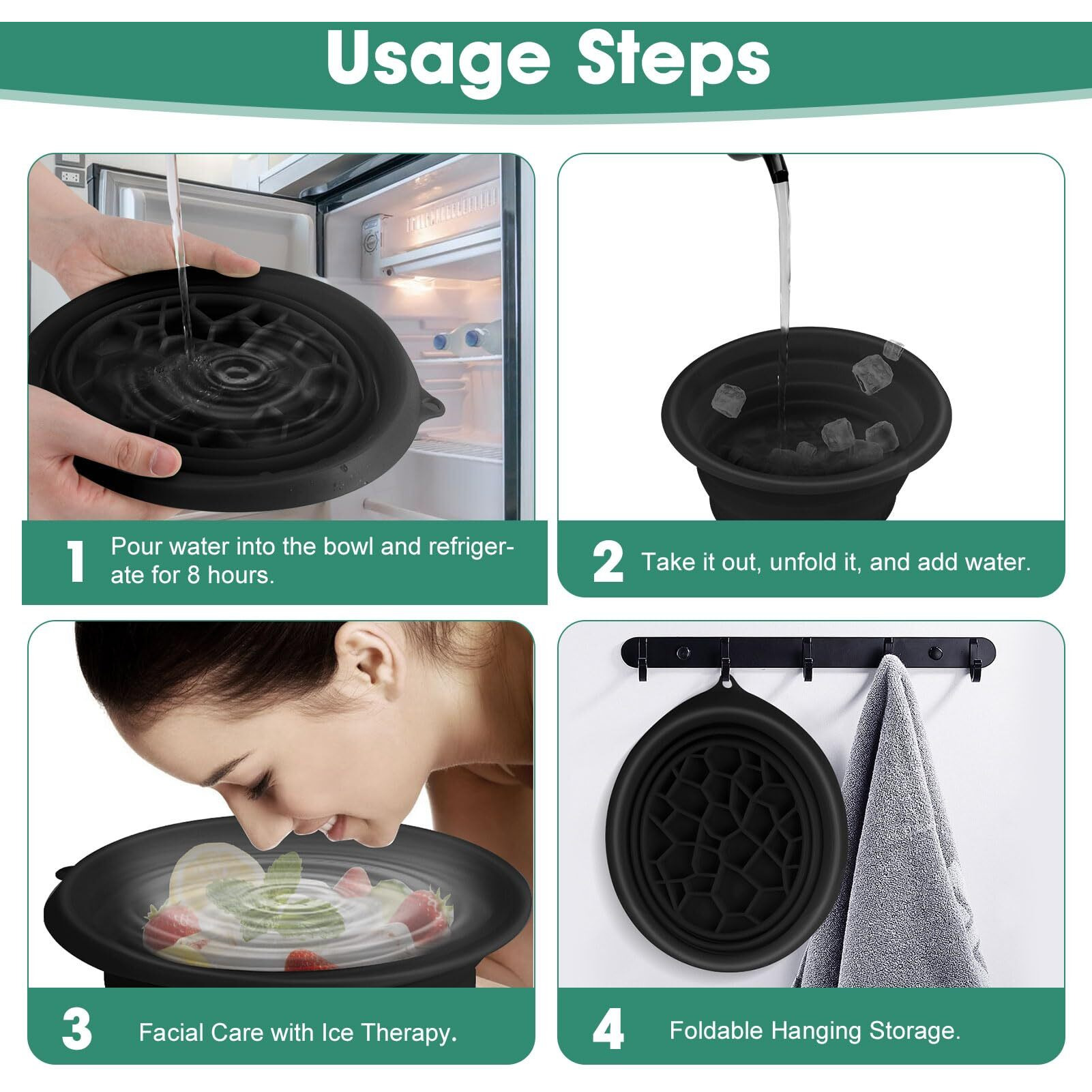 Face Bowl For Ice With Built-In Ice Tray Collapsible Silicone Facial Face Ice Bath Bowl Small Reusable Cold Plunge Basin Is Portable,Perfect For Home Use,Camping,Travel Cold Bath Spa Tool & Black