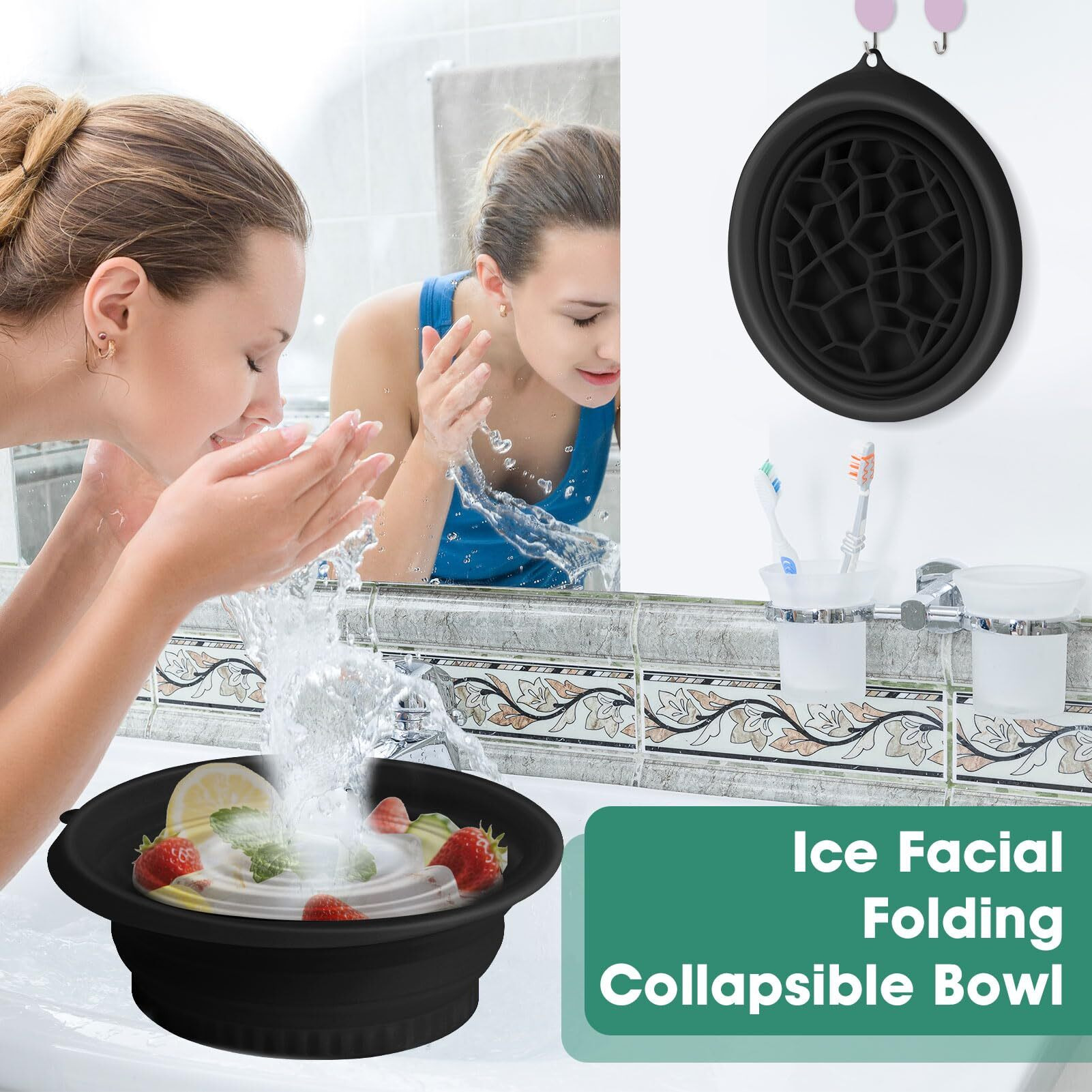 Face Bowl For Ice With Built-In Ice Tray Collapsible Silicone Facial Face Ice Bath Bowl Small Reusable Cold Plunge Basin Is Portable,Perfect For Home Use,Camping,Travel Cold Bath Spa Tool & Black