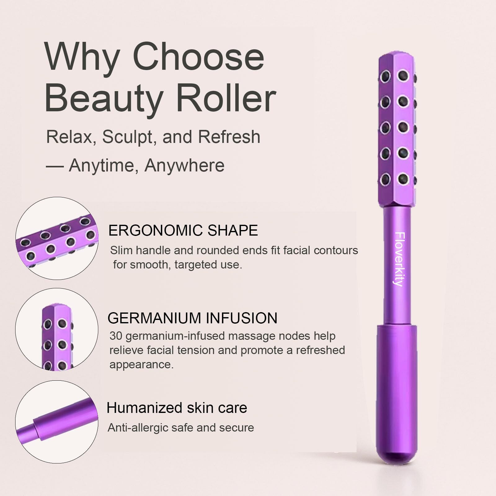 Floverkity Beauty Sculptor Roller - 30 Germanium Massage Nodes For Facial Massager & Glow | Compact Beauty Tool For Lifting And Skin Care,Facial Roller (Purple, 1 Pcs)