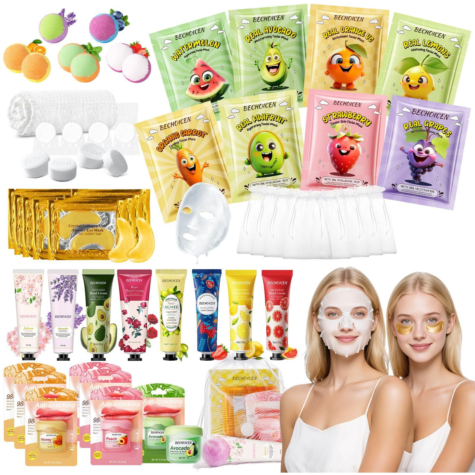 56Pcs Spa Party Supplies Set,Including 8 Spa Kits With Facial Masks Eye Patches Hand Cream Lip Balm Foot Bath Bombs,Ideal Gift For Sleepover,Spa Day,Slumber & Birthday Party Favors