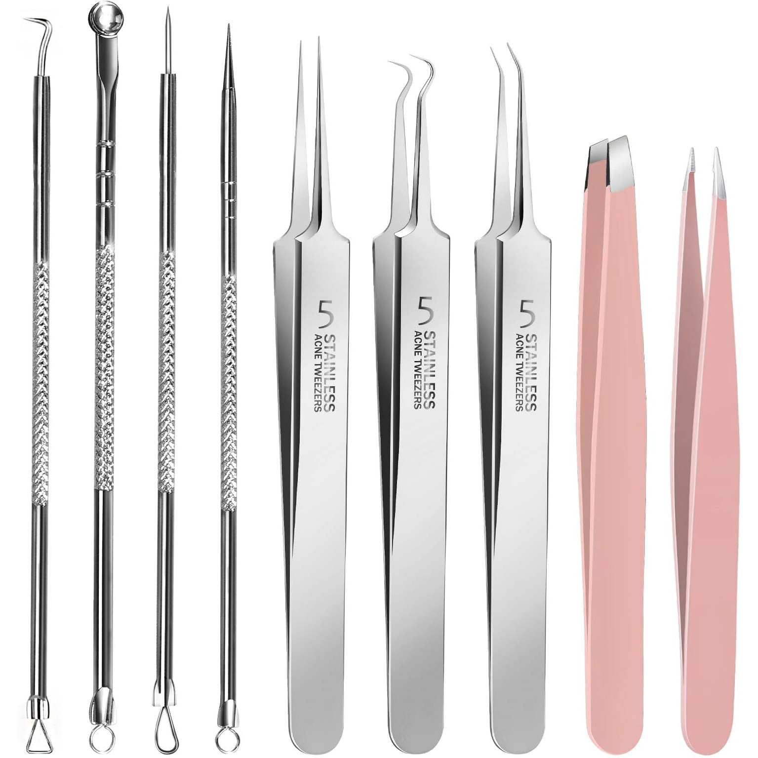 Teenitor 9 Pcs Professional Blackhead Tweezers And Pimple Popper Tool Kit, Stainless Steel Blackhead Remover Tools, Tweezers For Women Facial Hair
