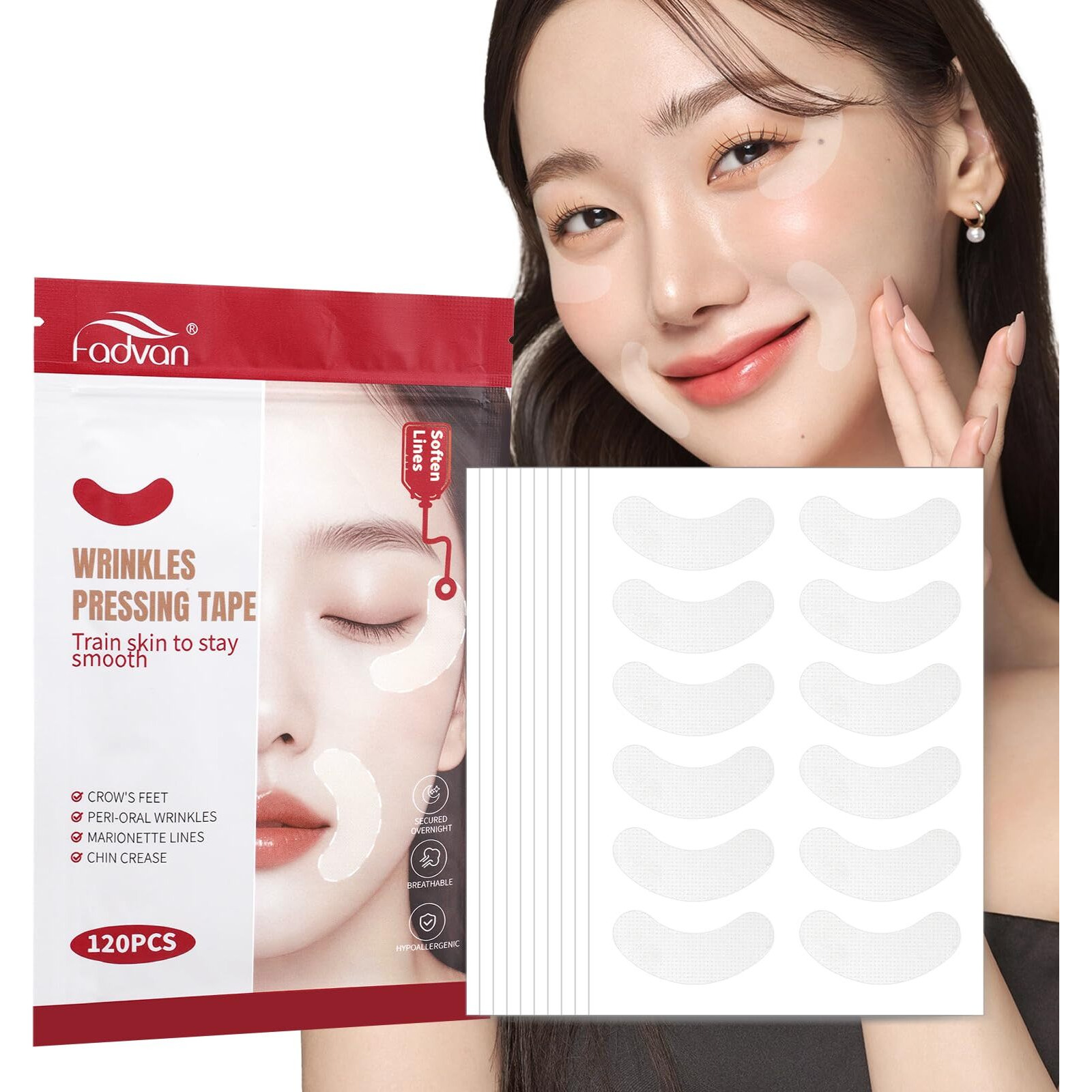 Fadvan Facial Wrinkle Patches - Overnight Smile Line Patches - Anti Wrinkle Patches For Forehead, Eyes & Lips - Face Tape For Wrinkles Overnight (120Pcs, Curve)
