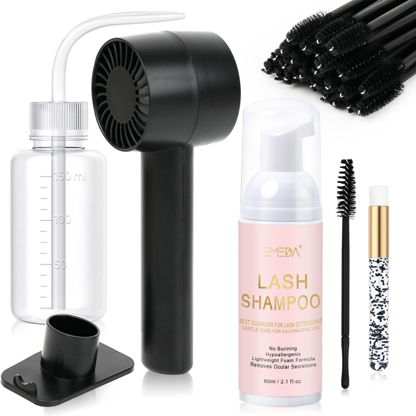 Emeda Lash Shampoo Kit 2.02 Fl Oz Lash Cleaning Kit With Rechargeable Fan Dryer/Brush/Rinse Bottle, Oil-Free Cleanser Wash For Extensions & Clusters & Natural Lashes, Cleaner For Eyelash Care(Black)