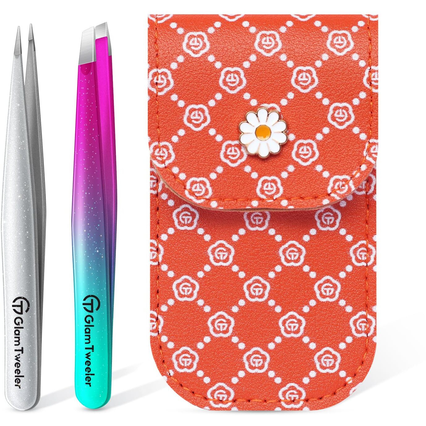 Expert Slant And Point Tip Tweezer Set With Exclusive Travel Case, Glamtweeler Sharp & Precision Tweezer Set For Eyebrows, Facial Hairs & Fine Hairs Removal (Sparkle Purple & Turquoise + Silver)