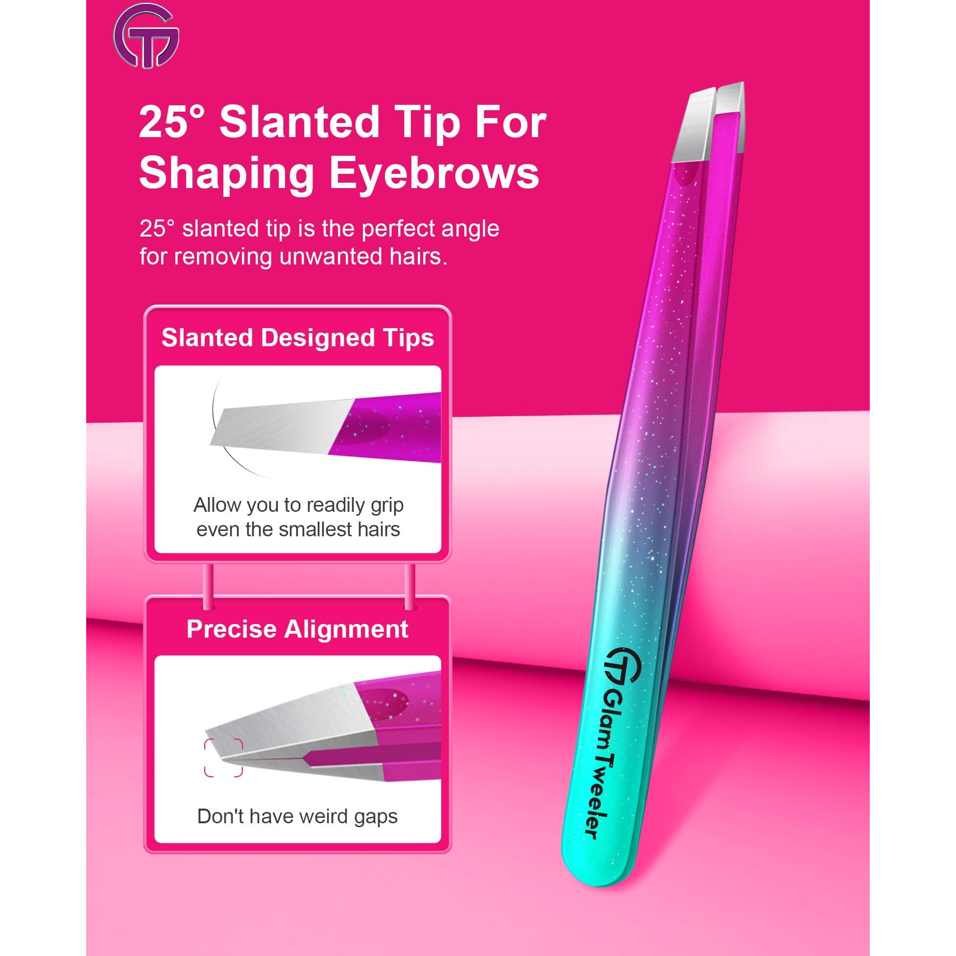 Expert Slant And Point Tip Tweezer Set With Exclusive Travel Case, Glamtweeler Sharp & Precision Tweezer Set For Eyebrows, Facial Hairs & Fine Hairs Removal (Sparkle Purple & Turquoise + Silver)