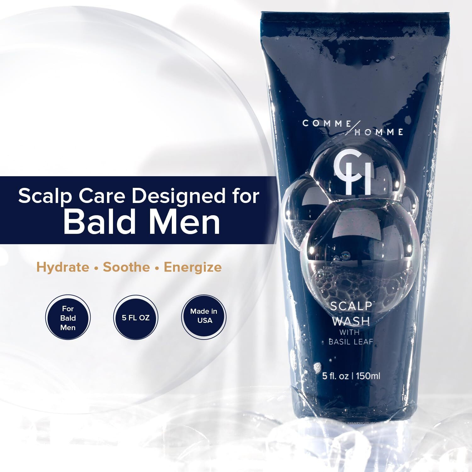 Comme Homme Hydrating Scalp Wash For Bald Men | Daily Face & Scalp Cleanser With Aloe, Basil, Tea Tree & Caffeine | Gently Cleanses, Soothes & Energizes | Pack Of 2 (5 Fl Oz Each)