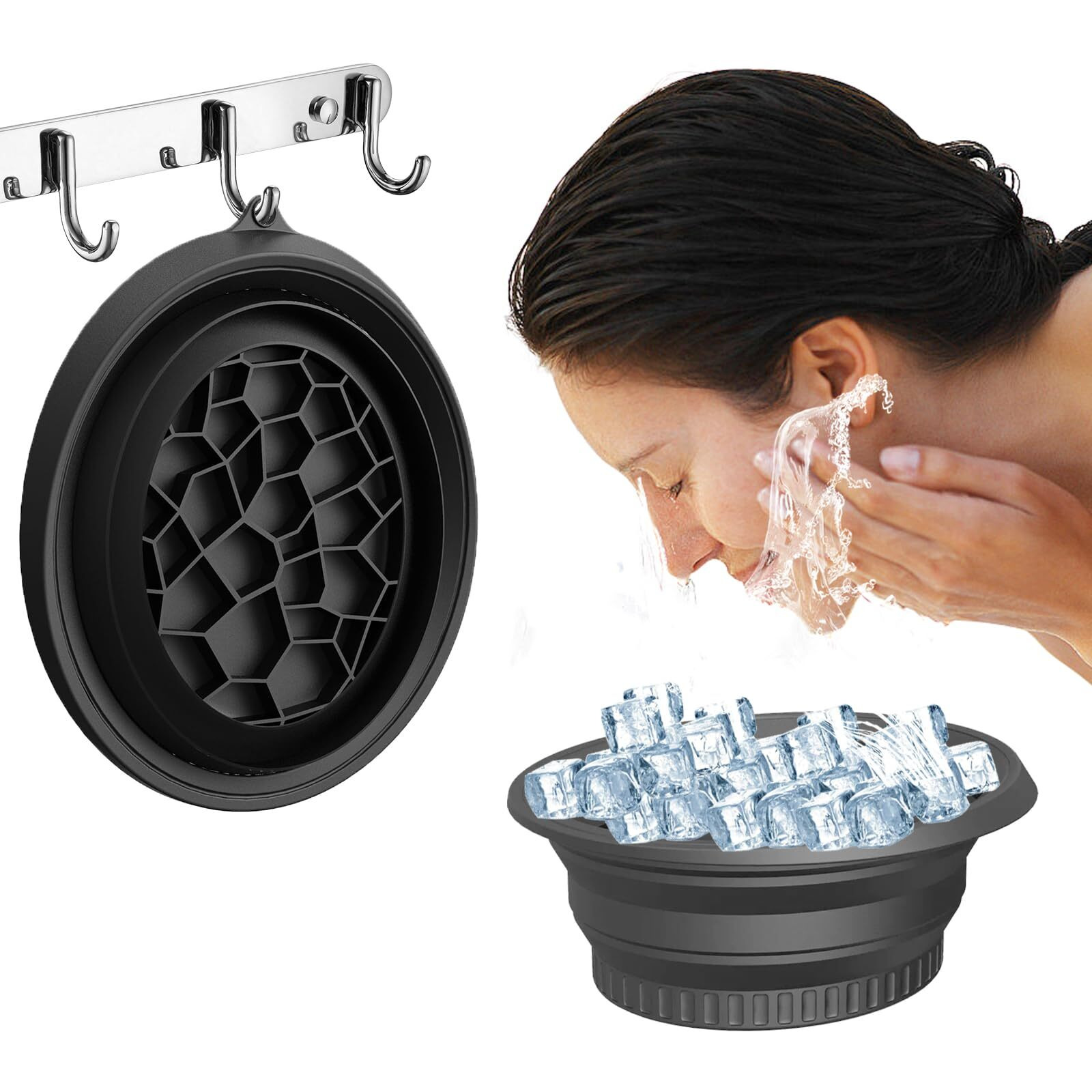 Face Bowl For Ice Bath Black Silicone Facial Plunge Bowl With Built-In Icetray, Collapsible Ice Mold, Portable Ice Bowl For Full Face Cooling, Perfect For Home & Travel