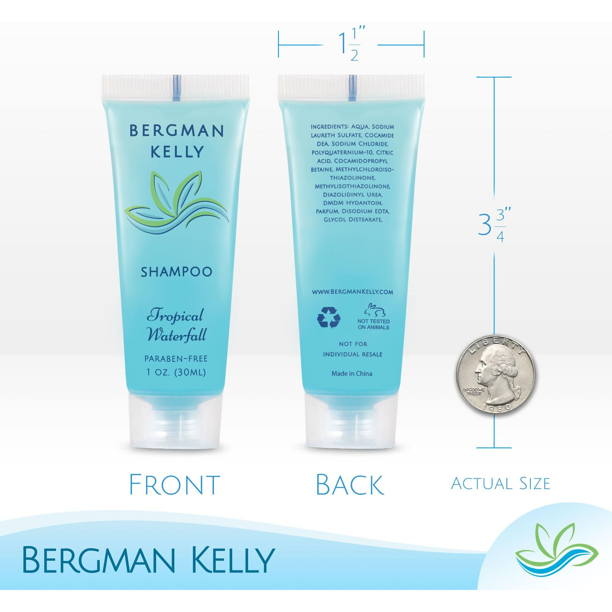 Bergman Kelly - Travel Size Hotel Shampoo - 1 Fl Oz, 200 Pk, Tropical Waterfall - Delight Your Guests With Revitalizing & Refreshing Hair Cleanser For Guest Hospitality - Bulk Small Size Shampoo
