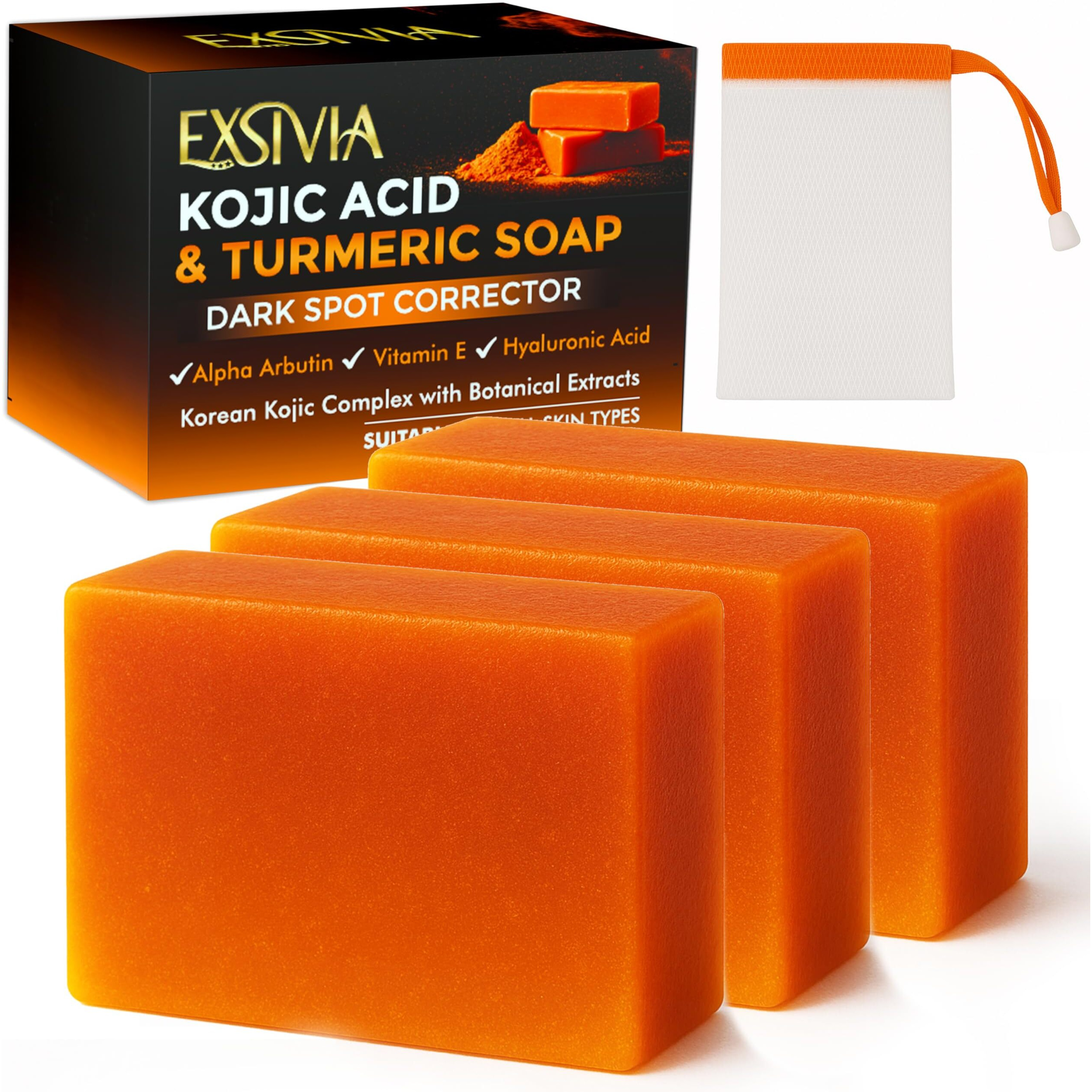 Exsivia Kojic Acid & Turmeric Dark Spot Corrector Soap Bar With Vitamin C Hyaluronic Acid, Shea Butter & Rosehip Oil, Original Korean Kojic Complex Balancing Cleanser For All Skin Types (3)