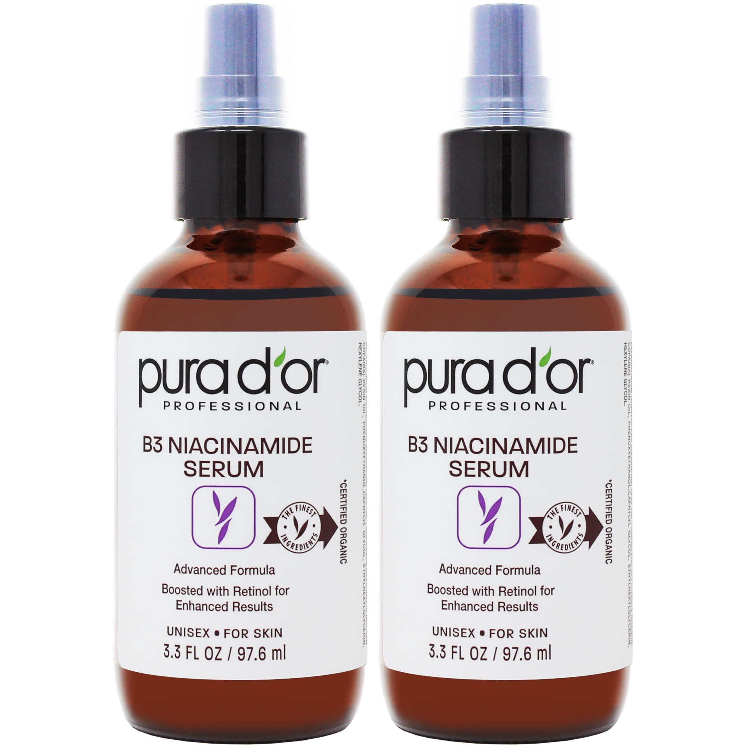 Pura D'Or B3 Niacinamide Advanced Facial Serum (3.3Oz X2  6.6Oz) Skin Care Formula With Retinol For Wrinkles, Hydration & Complexion - All Skin Types, Hypoallergenic - Women & Men