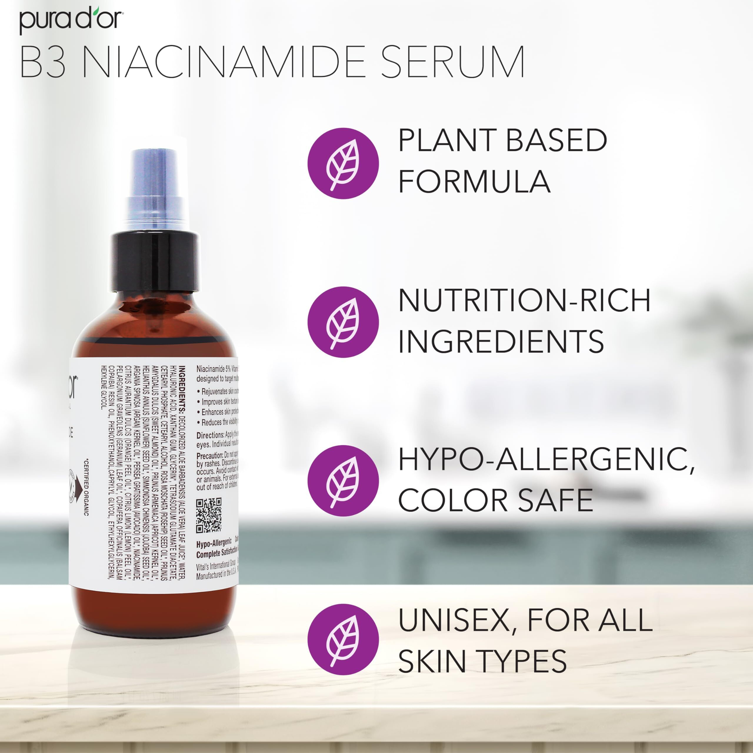 Pura D'Or B3 Niacinamide Advanced Facial Serum (3.3Oz X2  6.6Oz) Skin Care Formula With Retinol For Wrinkles, Hydration & Complexion - All Skin Types, Hypoallergenic - Women & Men