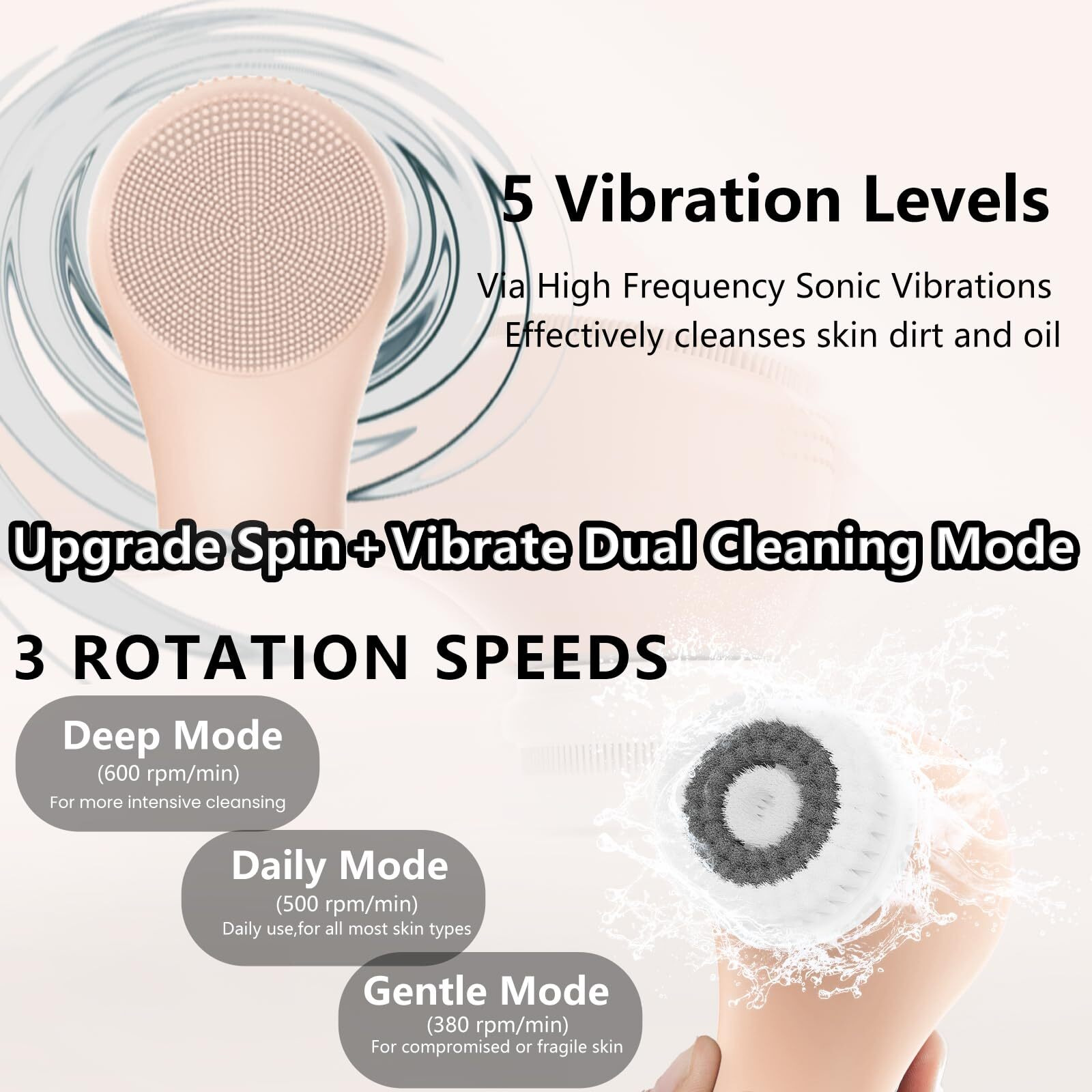 Wovazus Vibrating And Rotating Face Scrubber, Waterproof Rechargeable Facial Cleansing Brush, 8 Modes For Exfoliating And Massaging, Face Wash Brush For Removing Blackhead(Pink)