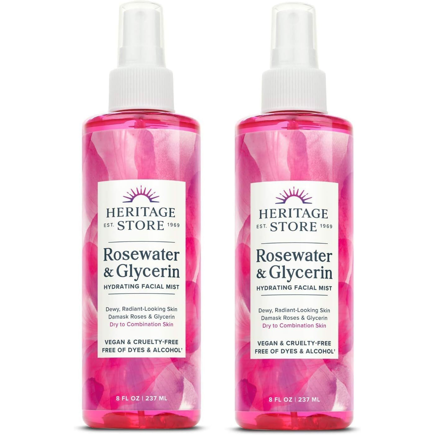 Heritage Store Rosewater & Glycerin 2-Pack - Hydrating Facial Mist - Dry Combination Skin Care - Rose Water Spray With Vegetable Glycerine - Made Without Dyes Or Alcohol, Hypoallergenic, Vegan, 8Oz Ea