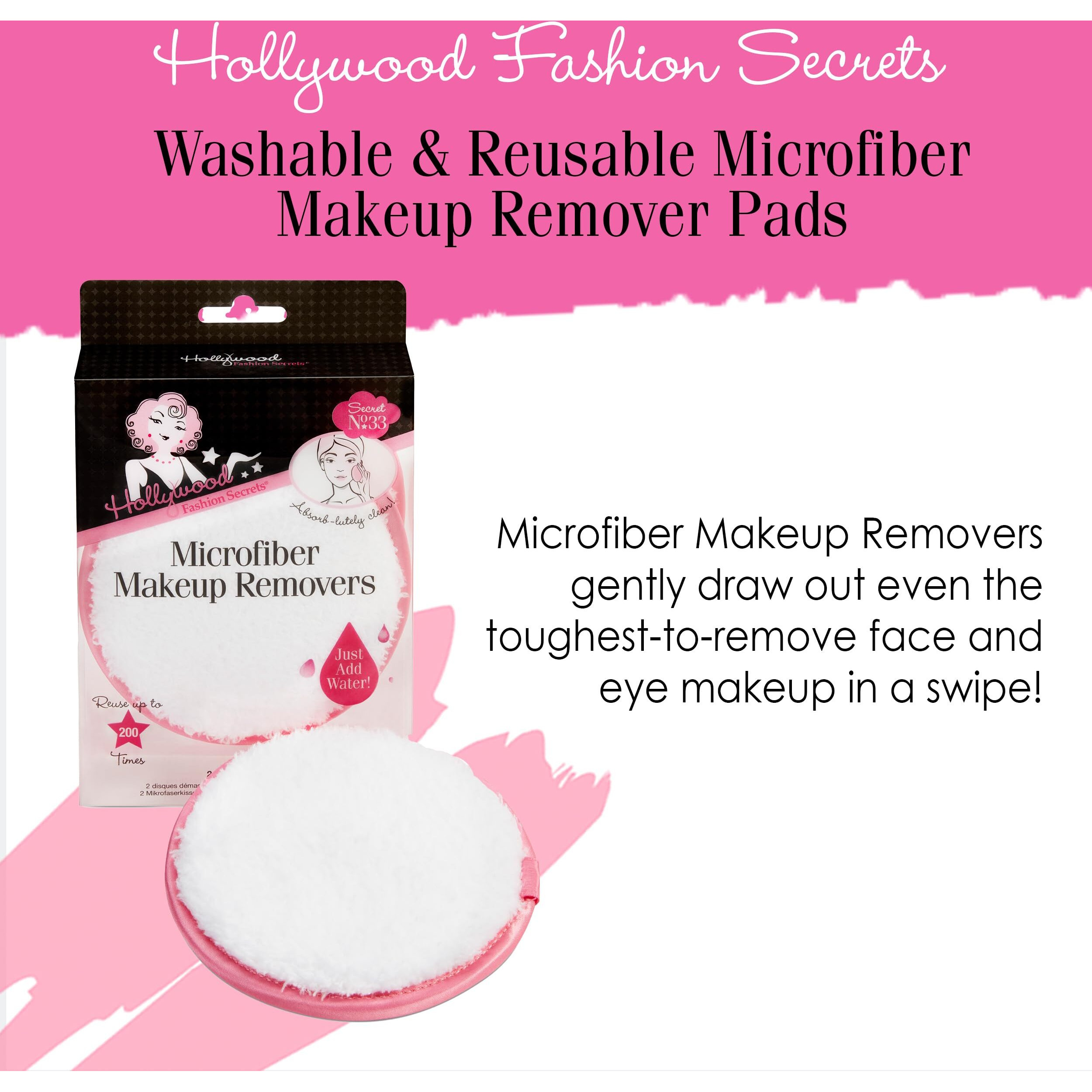 Hollywood Fashion Secrets Microfiber Makeup Removers - Reusable Makeup Remover Pads For Face, Facial Cleansing Pads For Sensitive Skin, 2 Pack