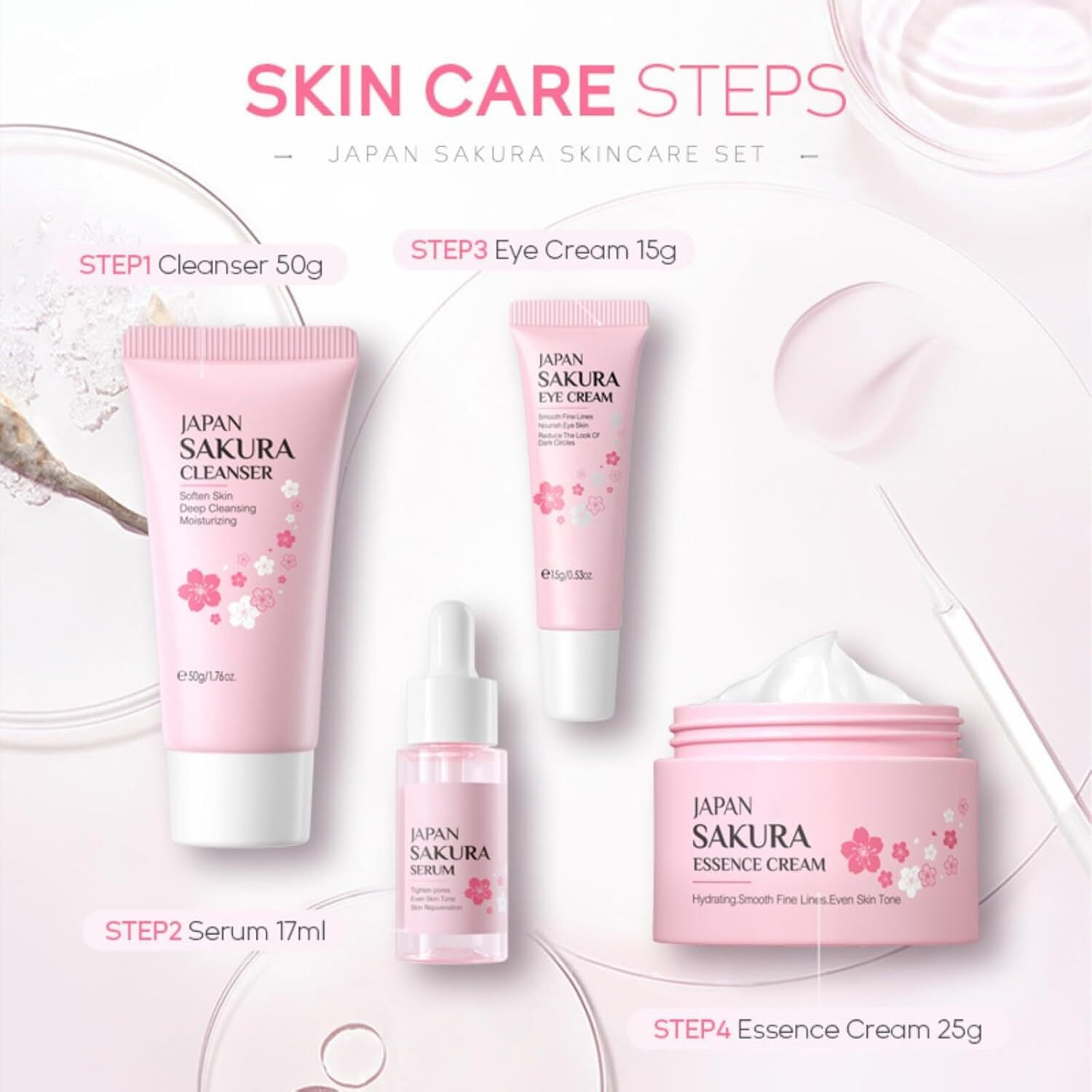Vawolecy Sakura Skincare Set For Ladies, Travel Size Skin Care Kit With Cleanser, Serum, Eye Cream, Face Cream 4Pcs