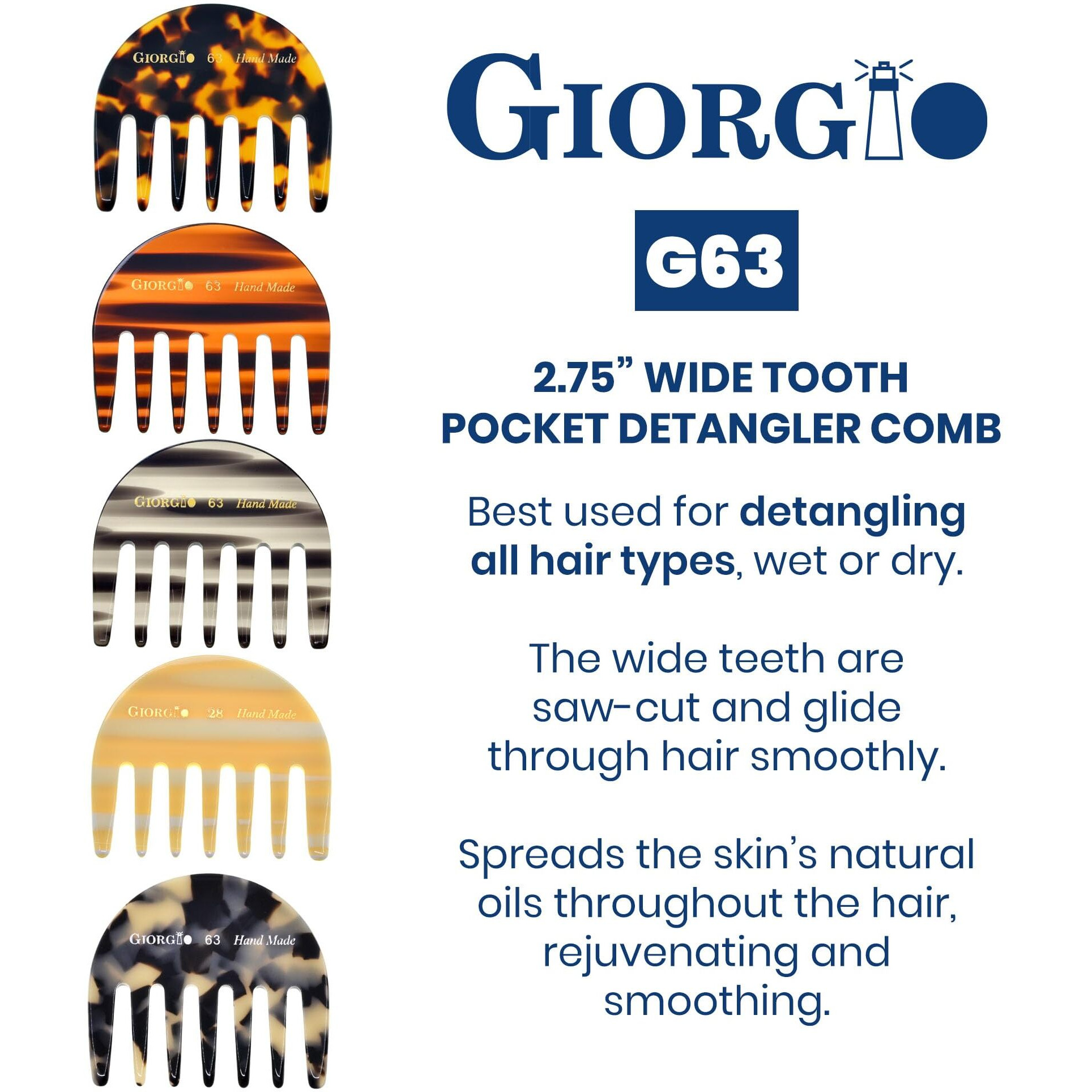 Giorgio G63 Detangling Comb For Women - Wide Tooth, Pocket And Travel Size For Thick Hair, Wet Or Dry Everyday Hair Care. Handmade, Saw-Cut, And Polished Wide Tooth Comb For Women (2.75"")