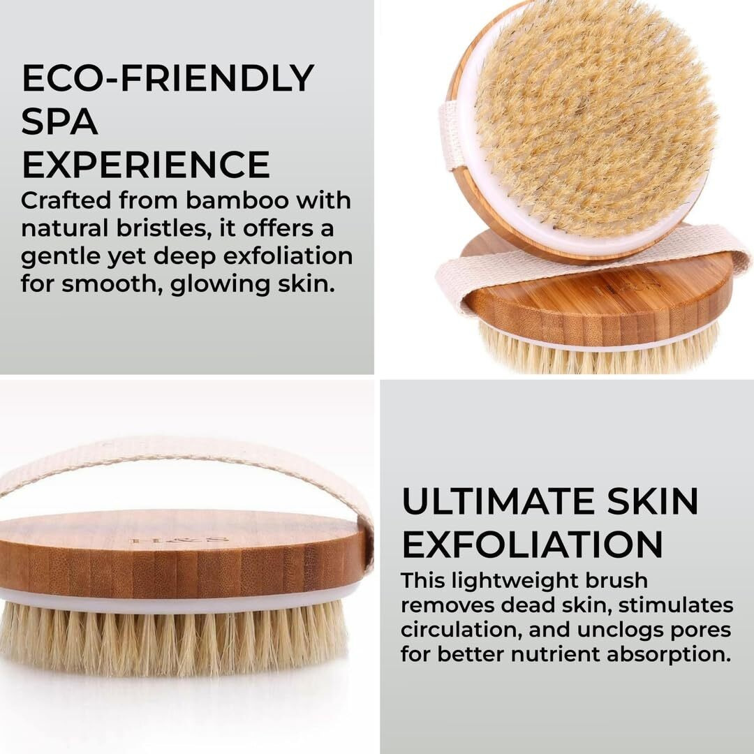 H&S Bamboo Body Dry Brush - Exfoliating Dry Brushing Body Brush - Exfoliator Brusher For Skin - Soft & Hard Bristles Massage - Use On Skin Face Facial - Scrub For Women And Men