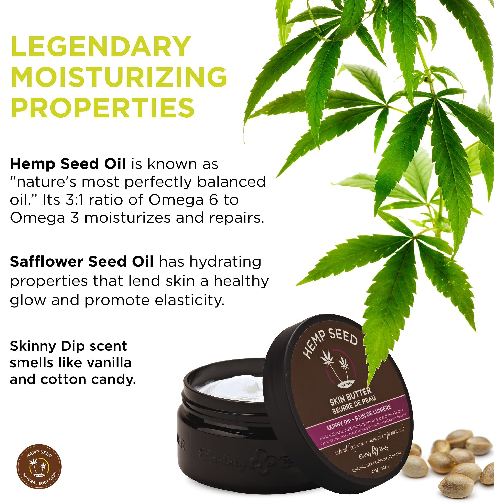 Hemp Seed Skin Butter, Skinny Dip - 8 Oz. - Total Body Moisturizer - Hemp Seed Oil, Jojoba Oil, Shea Butter - Vegan & Cruelty Free