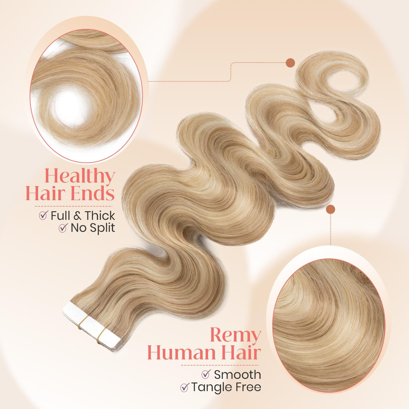 Elailite Wavy Tape In Hair Extensions Human Hair Body Wave Real Remy Hairpieces Ash Blonde & Bleach Blonde 22 Inch 50G 20Pcs Invisible Seamless Skin Weft Best Tape For Women