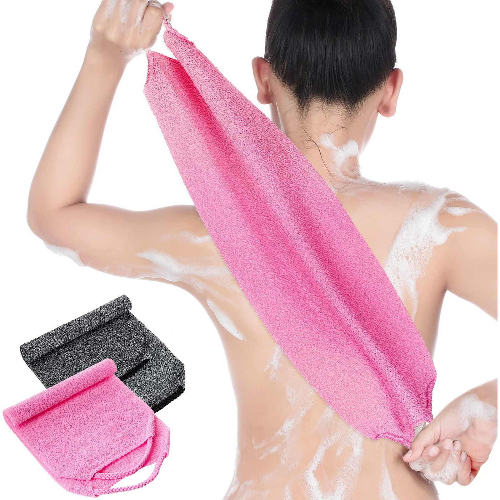 Back Scrubber For Shower Exfoliating Washcloth Back Cloth Body Extended Length Scrubber Towel Nylon Exfoliating Stretchable Pull Strap Wash Cloth For Bath Body Scrub Washcloth 2 Pack (Pink,Gray)