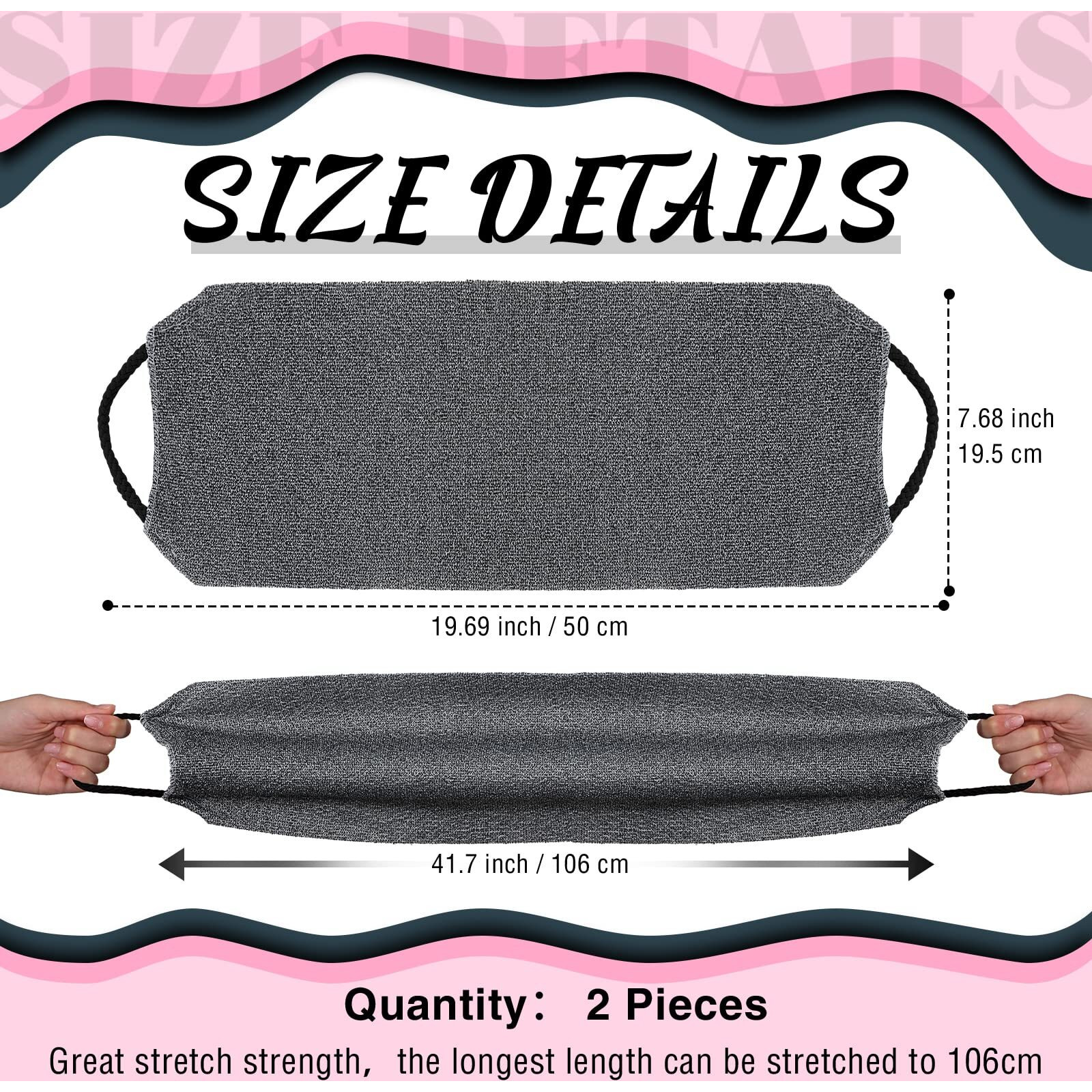 Back Scrubber For Shower Exfoliating Washcloth Back Cloth Body Extended Length Scrubber Towel Nylon Exfoliating Stretchable Pull Strap Wash Cloth For Bath Body Scrub Washcloth 2 Pack (Pink,Gray)