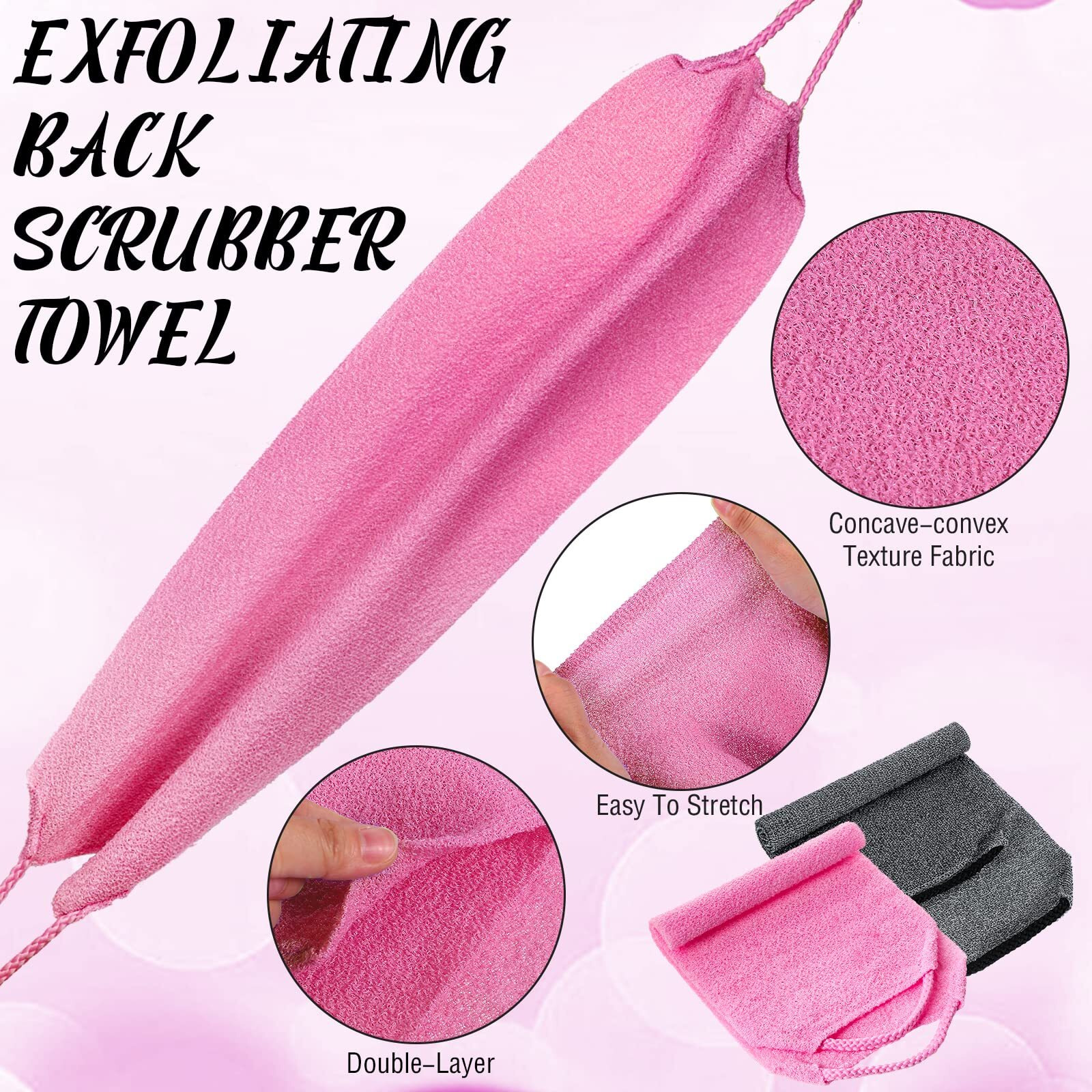 Back Scrubber For Shower Exfoliating Washcloth Back Cloth Body Extended Length Scrubber Towel Nylon Exfoliating Stretchable Pull Strap Wash Cloth For Bath Body Scrub Washcloth 2 Pack (Pink,Gray)