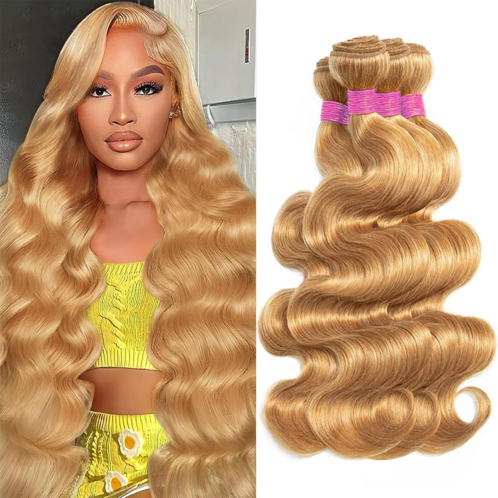 Vallbest Honey Blonde Bundles Human Hair 27 Body Wave Bundles 20 22 24 26 Inch 4 Bundles 100% Unprocessed Brazilian Virgin Hair 12A Virgin Raw Remy Weave Human Hair Extensions For Women
