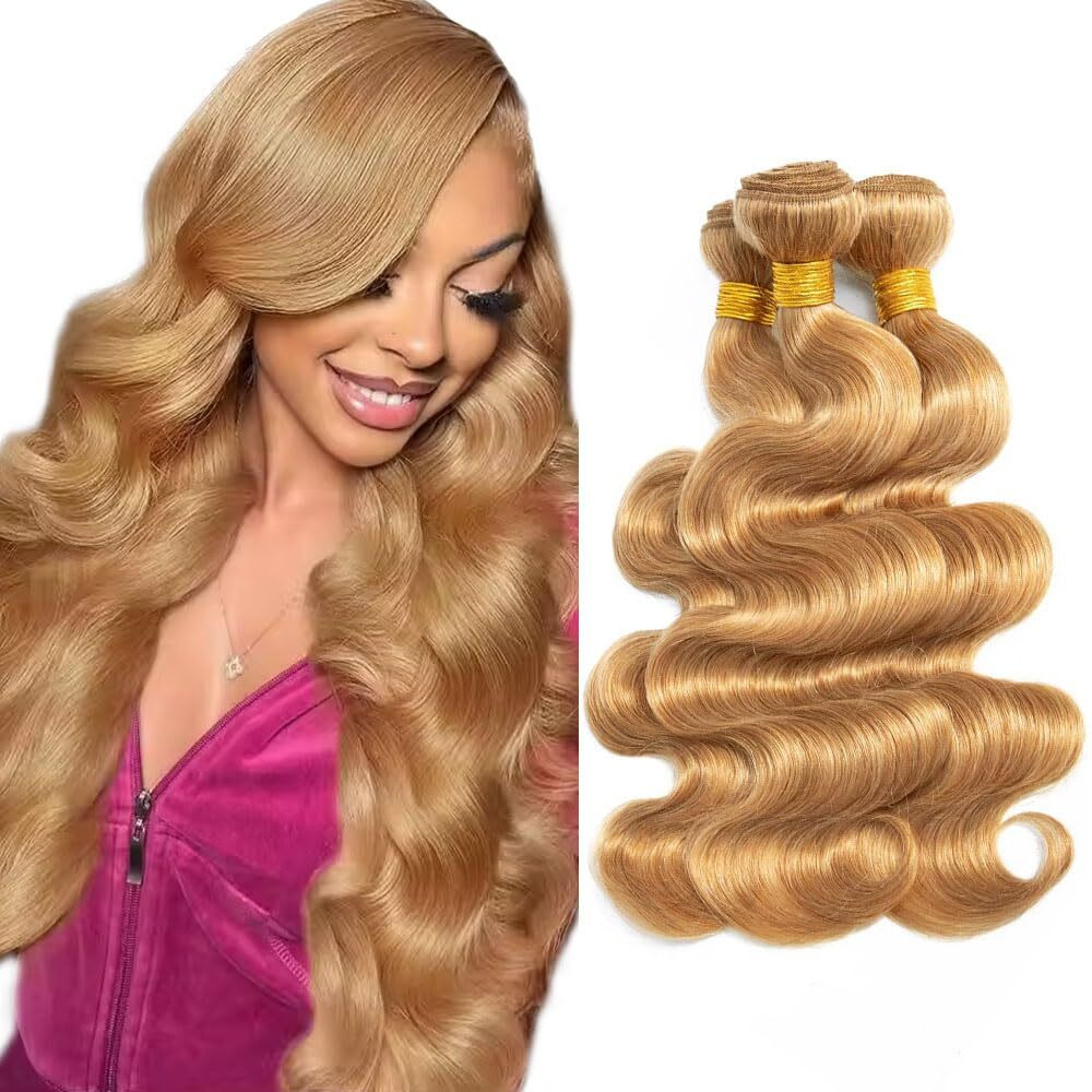 Honey Blonde Bundles Color 27 Body Wave Human Hair Bundles 26 28 30 Inch Peruvian  27 Blonde Body Wave Bundles Hair Weave Double Weft Machine For Women