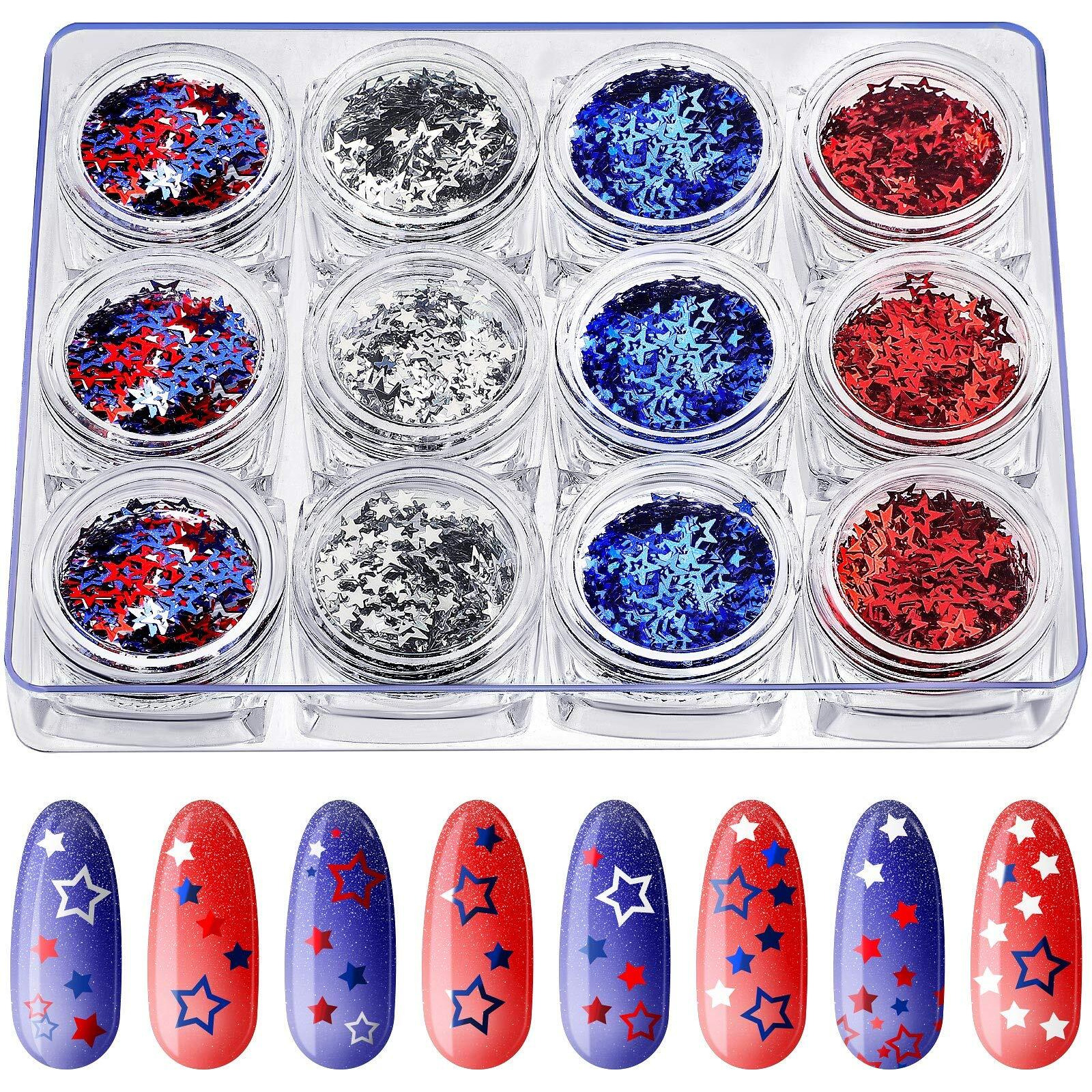 12 Boxes Independence Day Star Glitters Holographic Nail Art Decals Red Blue Silver Mixed Star And Hollow Star Shaped Nail Sequins 4Th Of July Nail Decals For Diy Nail Art Eye Face Body Decor Crafts