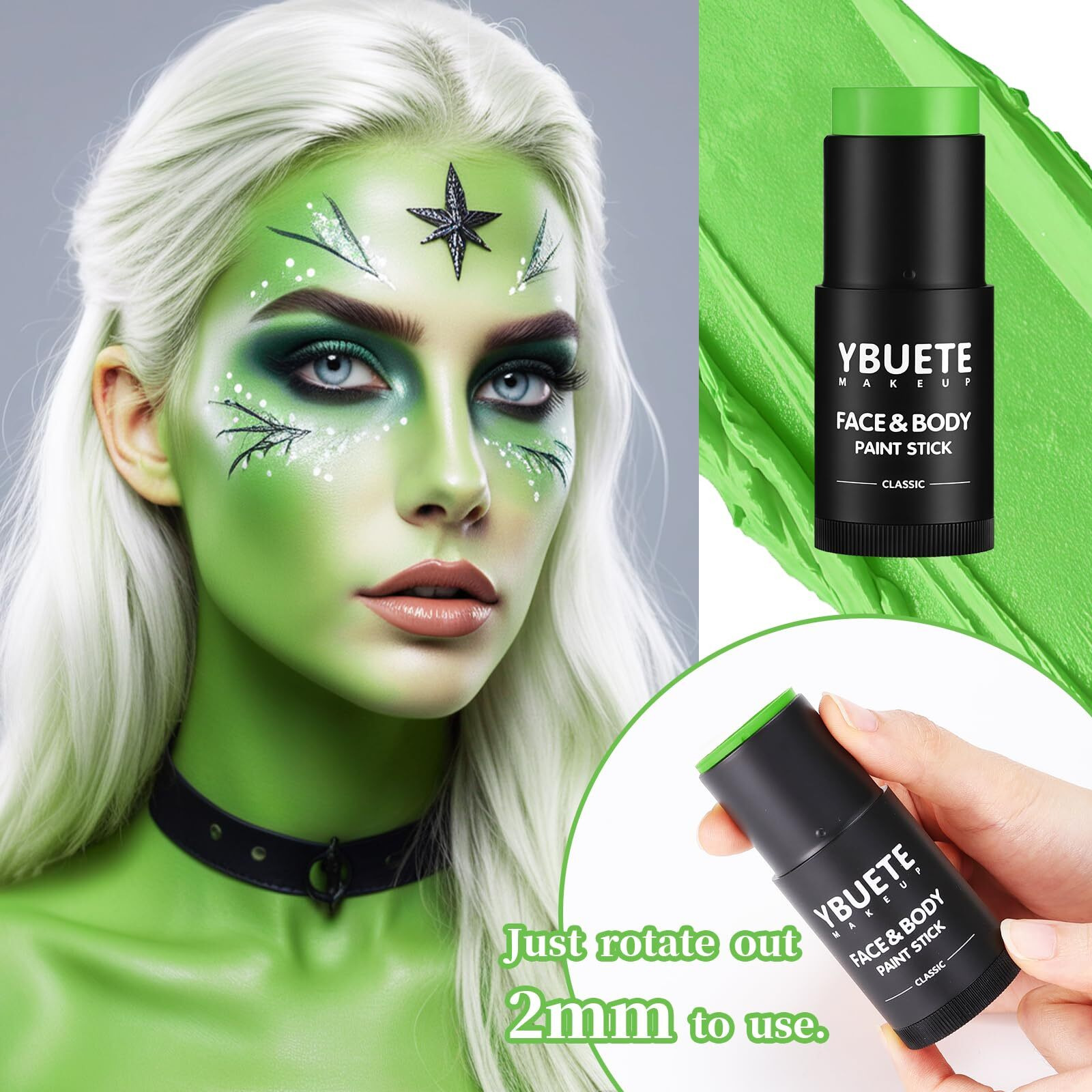 Ybuete Light Green Face Body Painting Stick, Professional Green Full-Coverage Cream Face Paint For St. Patrick's Day Halloween Sfx Witch Monster Cosplay Makeup, Washable Body Paint For Adult Carnival