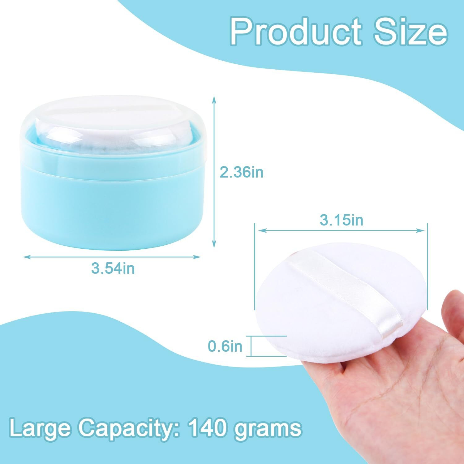 Asunfo 2 Pcs Large Body Powder Puff And Container With Sifter Baby After-Bath Empty Powder Puffs Case Talcum Powder Box For Women Beach Travel Home Blue