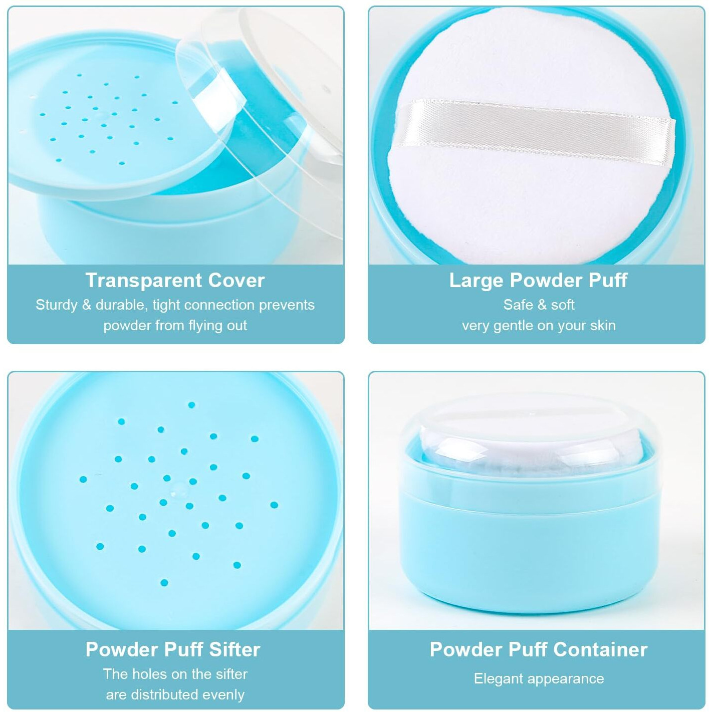Asunfo 2 Pcs Large Body Powder Puff And Container With Sifter Baby After-Bath Empty Powder Puffs Case Talcum Powder Box For Women Beach Travel Home Blue