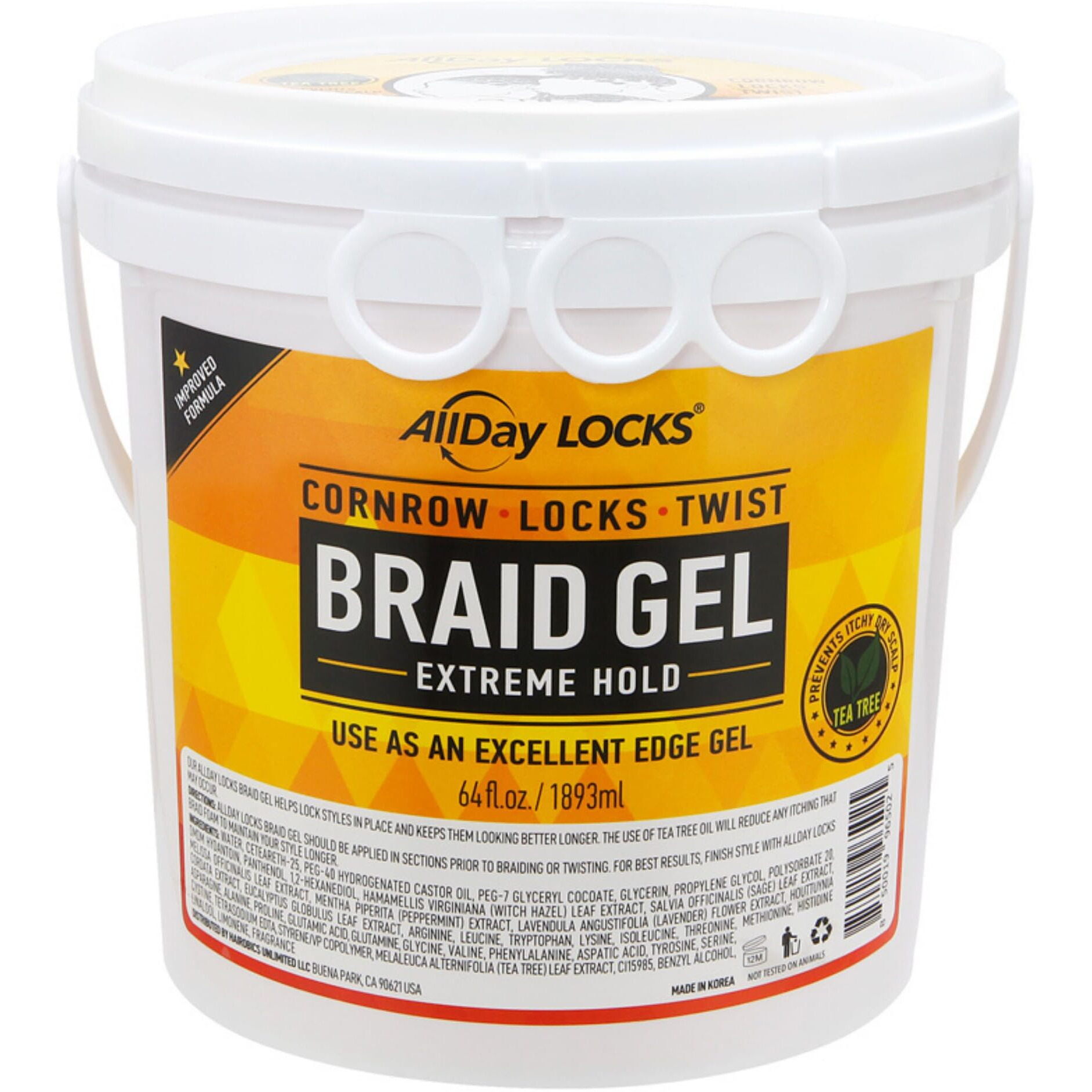 Allday Locks Braid Gel (Bucket) | Extreme Hold, High Shine | Frizz & Flake-Free Edge Control | Tea Tree, Lavender, Peppermint Oil | Slick & Style Braids, Locks, Twists, Cornrows | 64 Oz