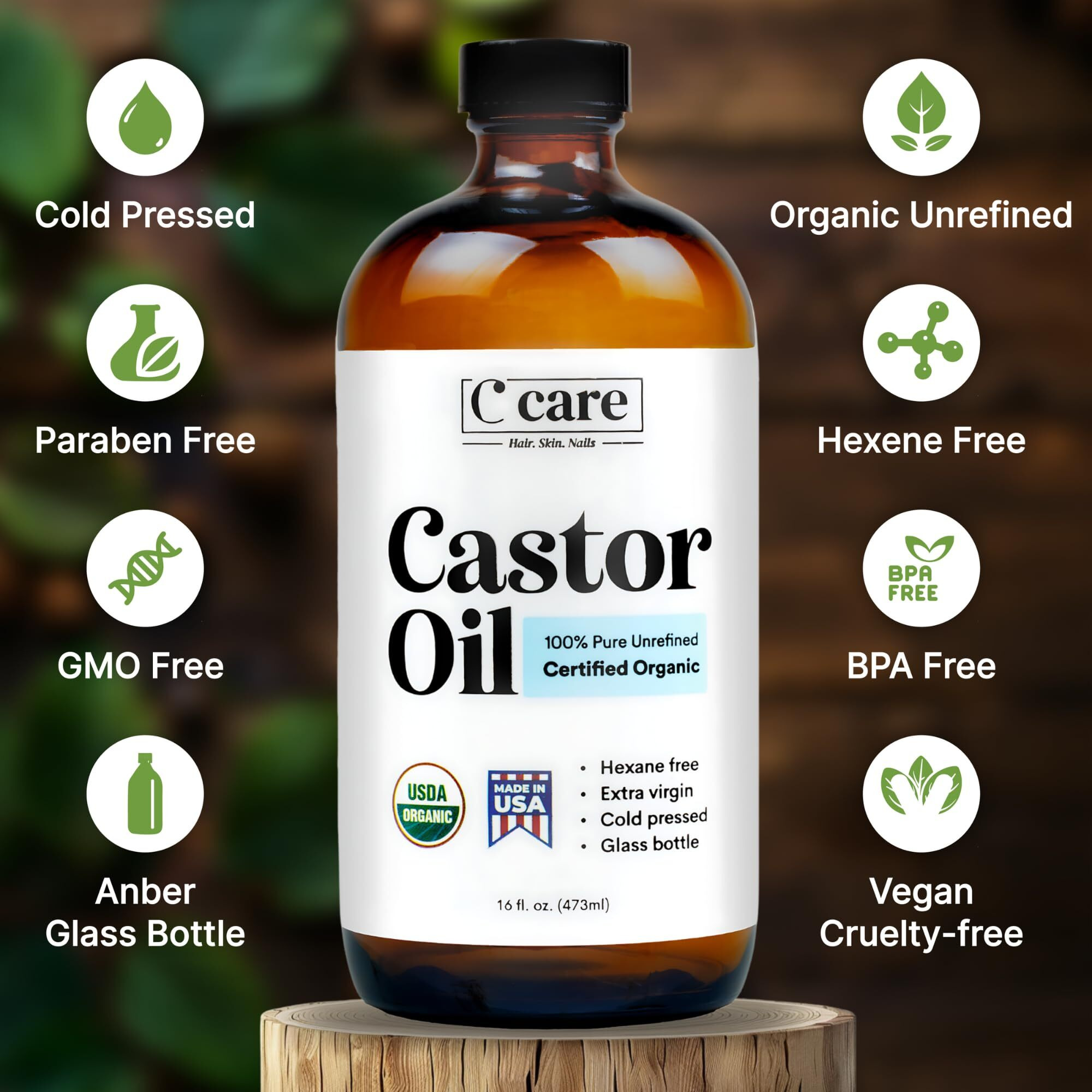 Castor Oil 100% Pure Organic Cold Pressed Unrefined Glass Bottle With Pump | Usda Certified Organic | Hexane Free Extra Virgin | For Hair Growth Eyebrows Eyelashes Skin And Castor Oil Pack Wrap | 16Oz