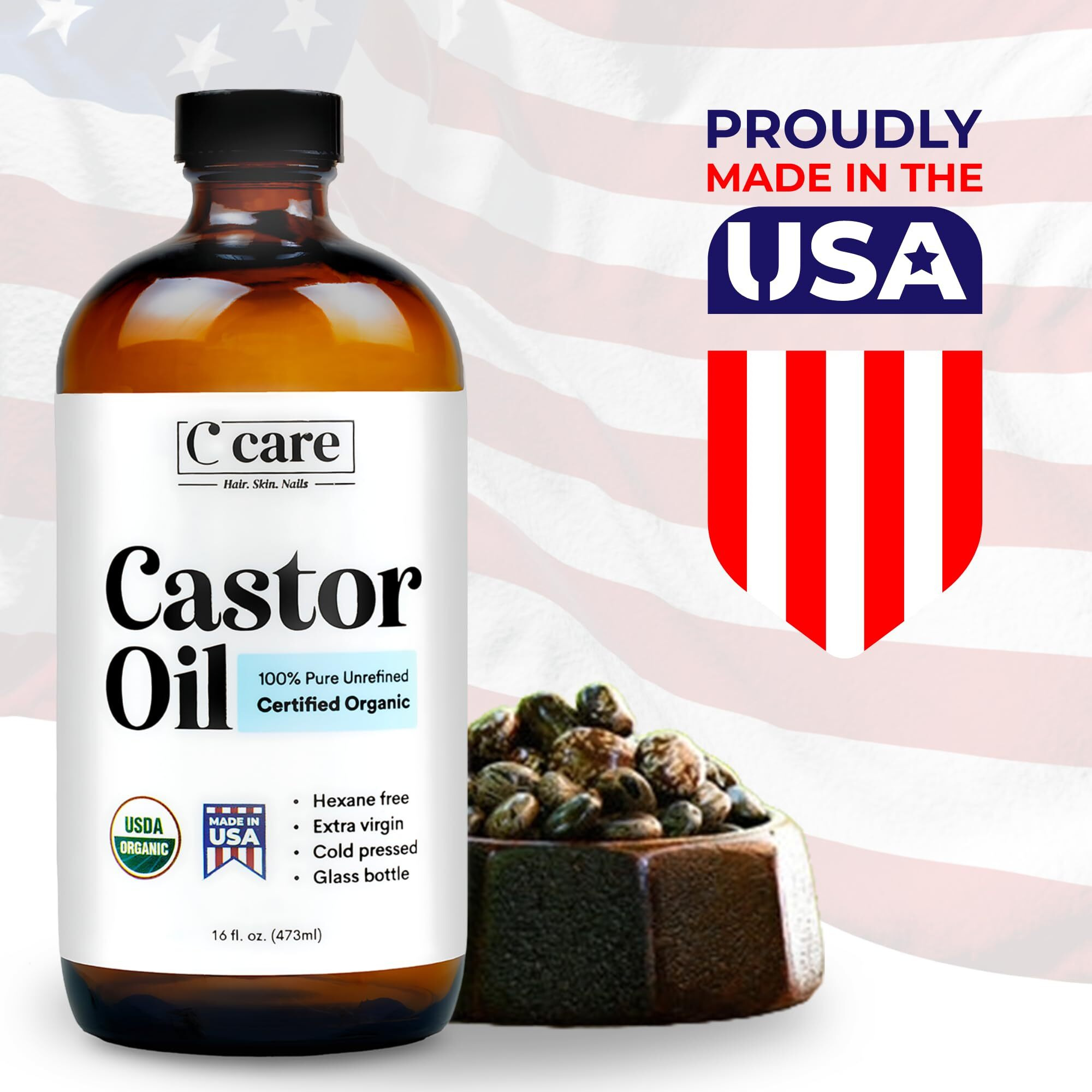 Castor Oil 100% Pure Organic Cold Pressed Unrefined Glass Bottle With Pump | Usda Certified Organic | Hexane Free Extra Virgin | For Hair Growth Eyebrows Eyelashes Skin And Castor Oil Pack Wrap | 16Oz