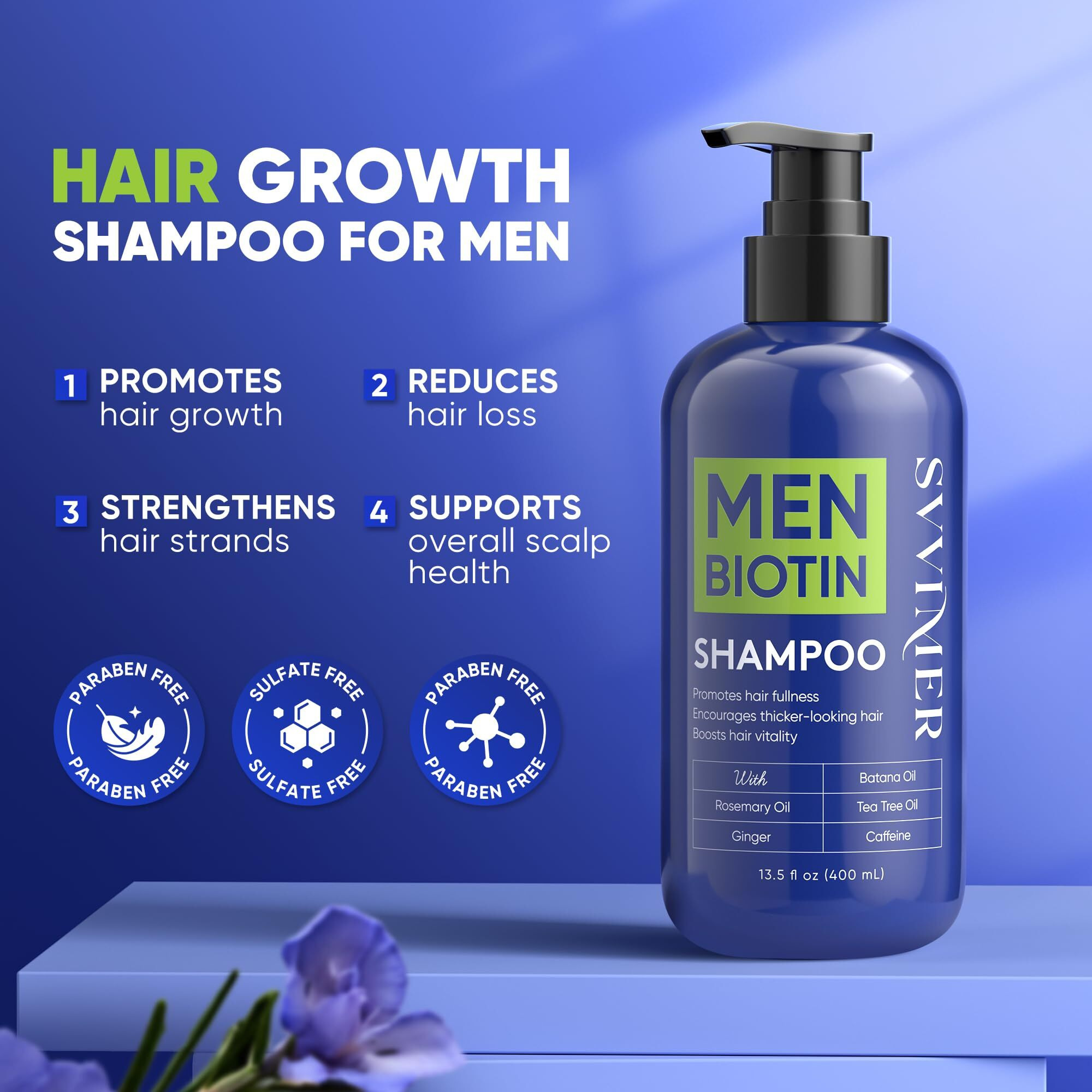 Svvimer Hair Growth Shampoo For Men - Biotin Thickening Shampoo With Rosemary Tea Tree Oil Caffeine For Hair Loss And Thinning - 13.5 Fl Oz (Pack Of 1)