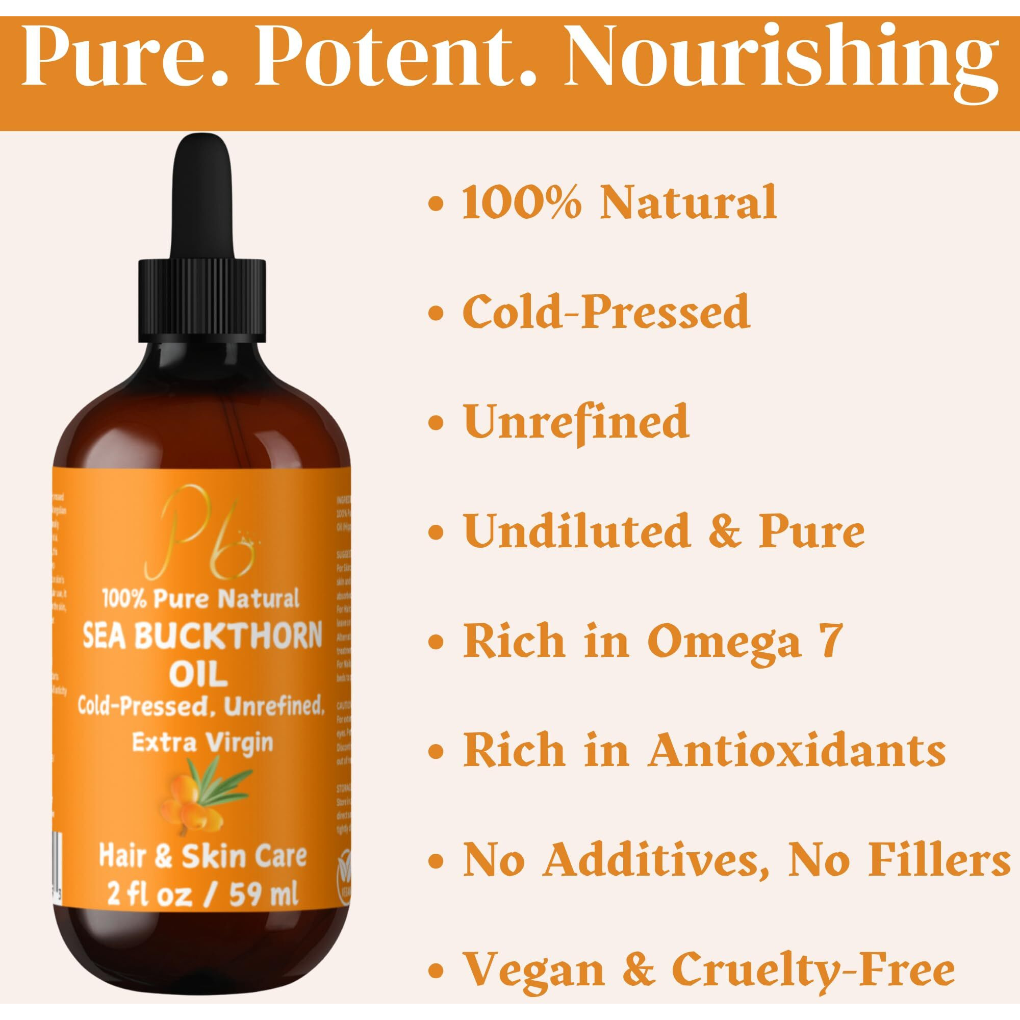 Sea Buckthorn Seed Oil - 100% Pure, Cold-Pressed & Unrefined - Natural Moisturizer For Face, Hair, Skin & Nails - Supports Radiant, Youthful-Looking Skin - Amber Glass Bottle 2 Fl Oz