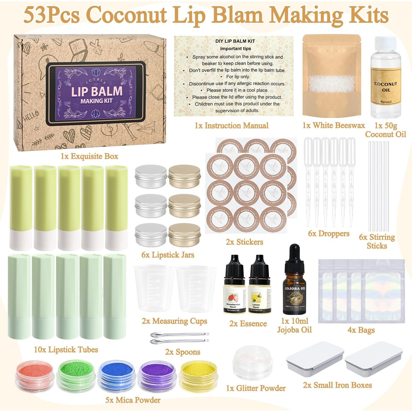 Juyrle Lip Balm Making Kit- Coconut Lip Gloss Kit With Beeswax, Jojoba Oil, And Coconut Oil For Adults & Girls, Make Your Own Lip Balm- Diy Moisturizing Lip Care