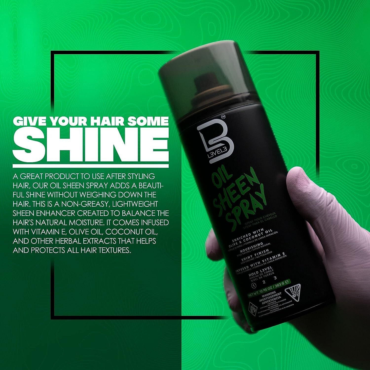 L3 Level 3 Oil Sheen Spray - Adds Shine To Hair After Styling - Infused With Vitamin E, Olive And Coconut Oil And Herbal Extracts