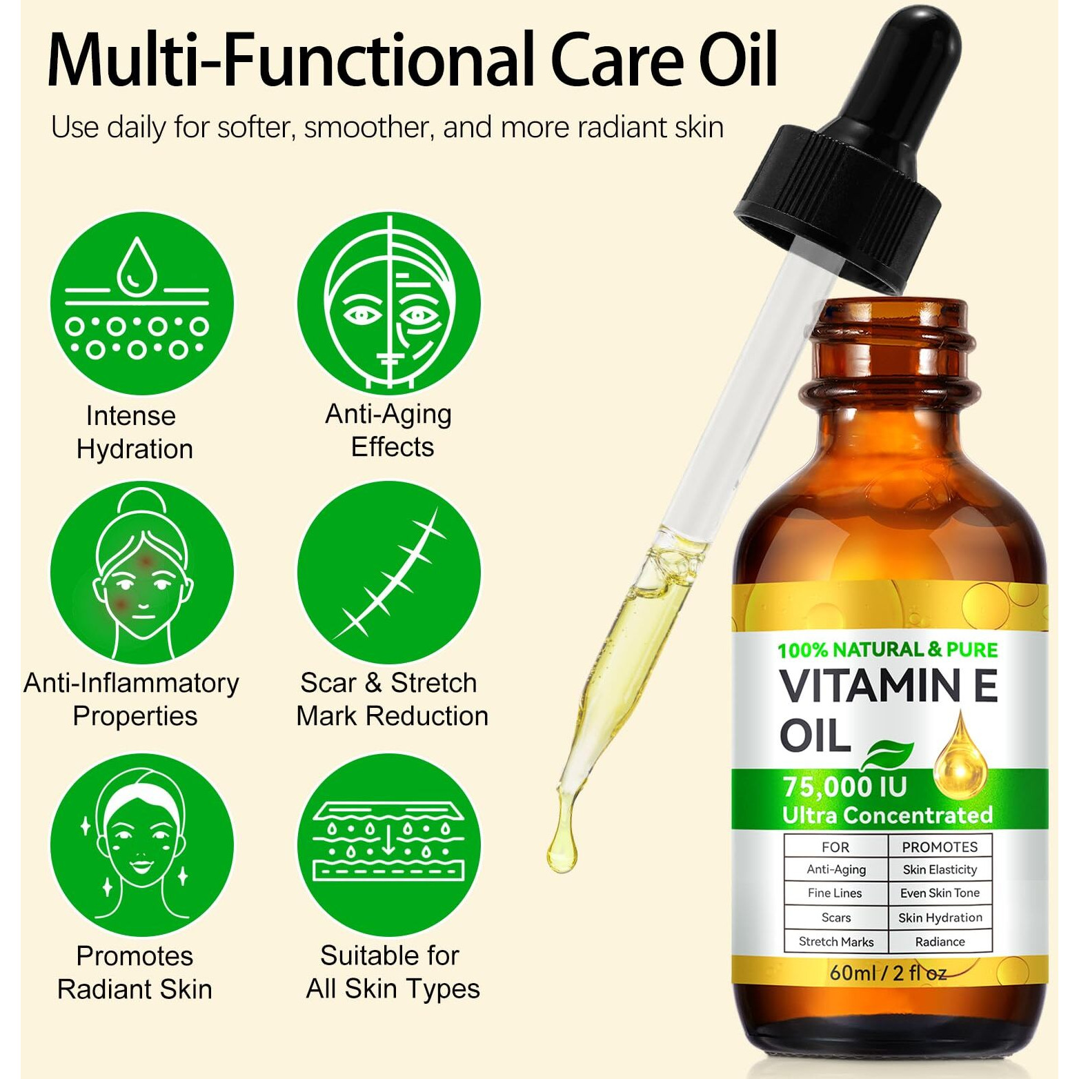 Vitamin E Oil For Scars 2.02 Fl Oz- All Natural & Vegan Skin Moisturizer - Light And Unscented Great For Post Surgery Scars - Reduce Wrinkles, Anti Aging - Face, Skin & All Over