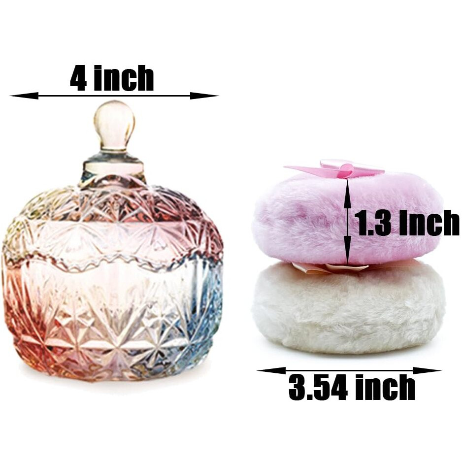Luxury 4 Inch Glass Loose Powder Container With 2 Soft 3.5"" Puffs|Non-Sealed Refillable Organizer Storage For Body Powder Makeup & Jewelry & Setting Applicator(Crown-Colorful)