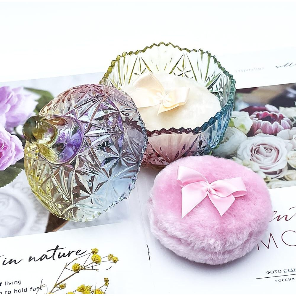 Luxury 4 Inch Glass Loose Powder Container With 2 Soft 3.5"" Puffs|Non-Sealed Refillable Organizer Storage For Body Powder Makeup & Jewelry & Setting Applicator(Crown-Colorful)