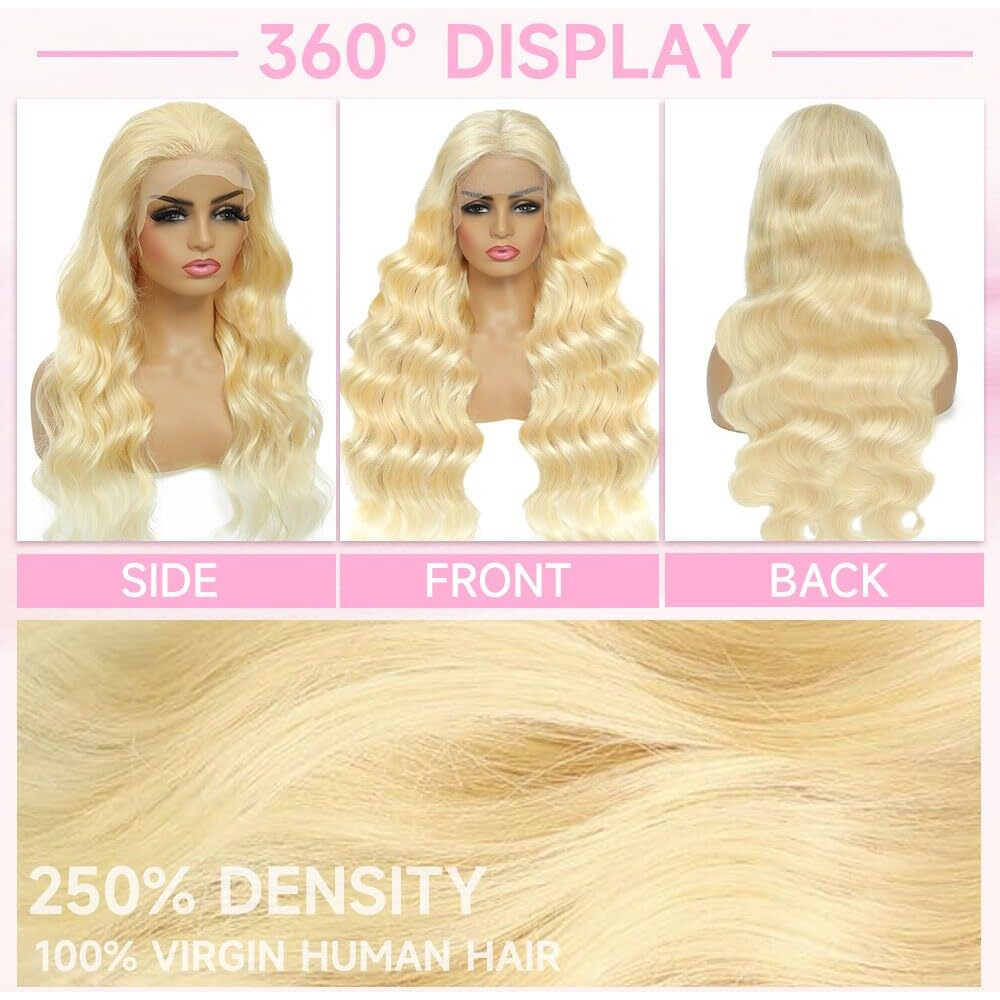 Kassamo 613 13X6 Lace Front Wig Human Hair 250 Density Blonde Wig Human Hair Pre Plucked Body Wave 13X6 Hd Lace Frontal Wigs Glueless Wigs For Women 24 Inch