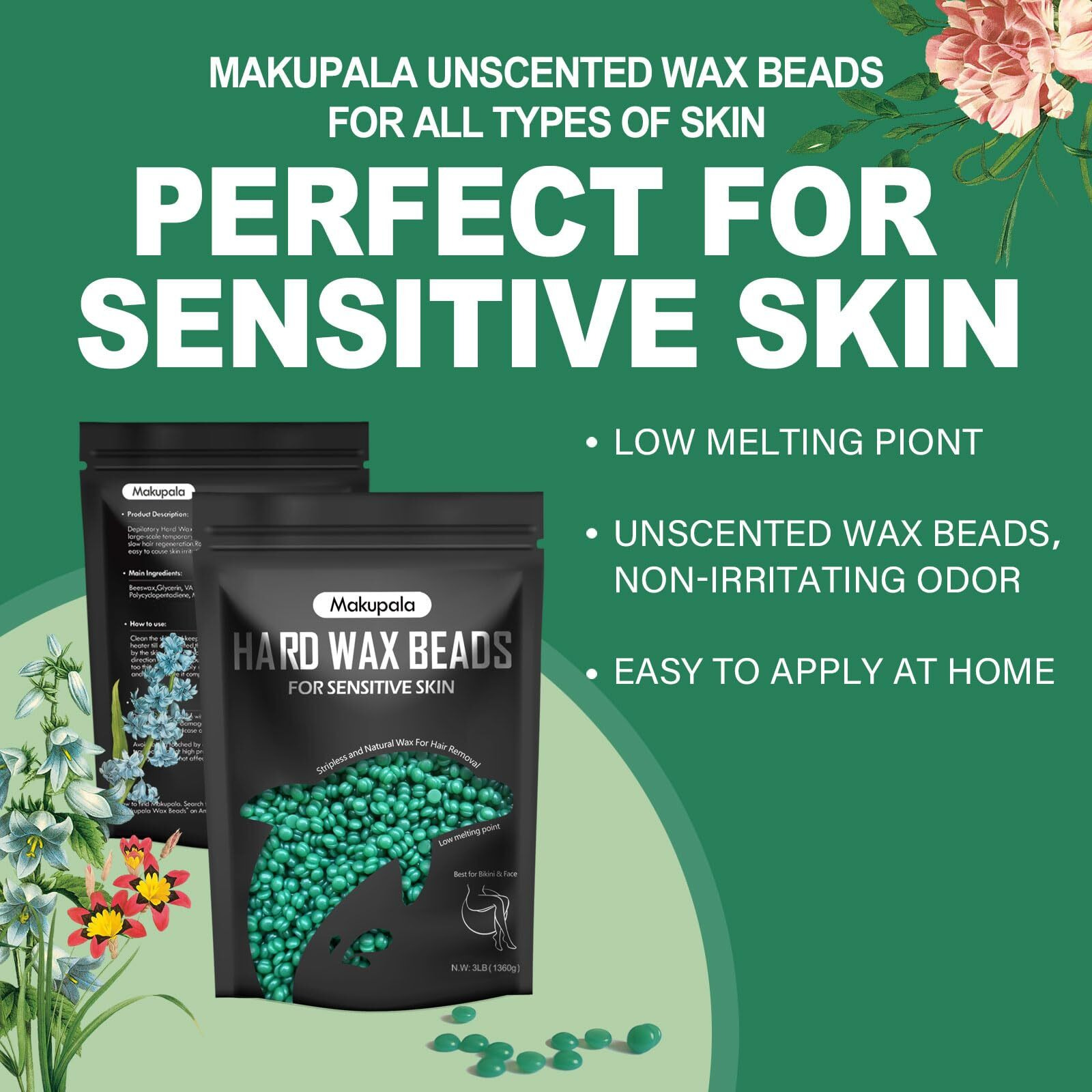 Makupala Unscented Wax Beads Bulk For Coarse Hair Removal, 3Lb Natural Spa Wax Beans For Sensitive Skin, Brazilian Waxing, Body, Facial, Bikini, Low Melting Point Home Waxing Beads For Back, Legs