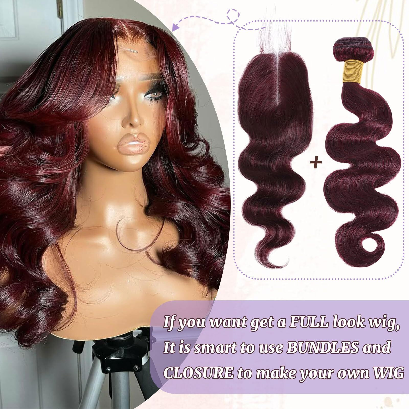 Dsekcain 99J Body Wave Human Hair Bundles Burgundy Dark Red Wine Color Body Wave Bundles 100% Real Human Hair And True To Length 16 18 20 Inch 3 Pcs/Pack